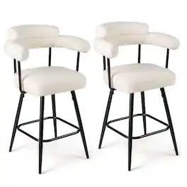 Costway - 27" Swivel Bar Stool Set of 2 with Curved Back & Arms & Metal Legs & Footrest - White