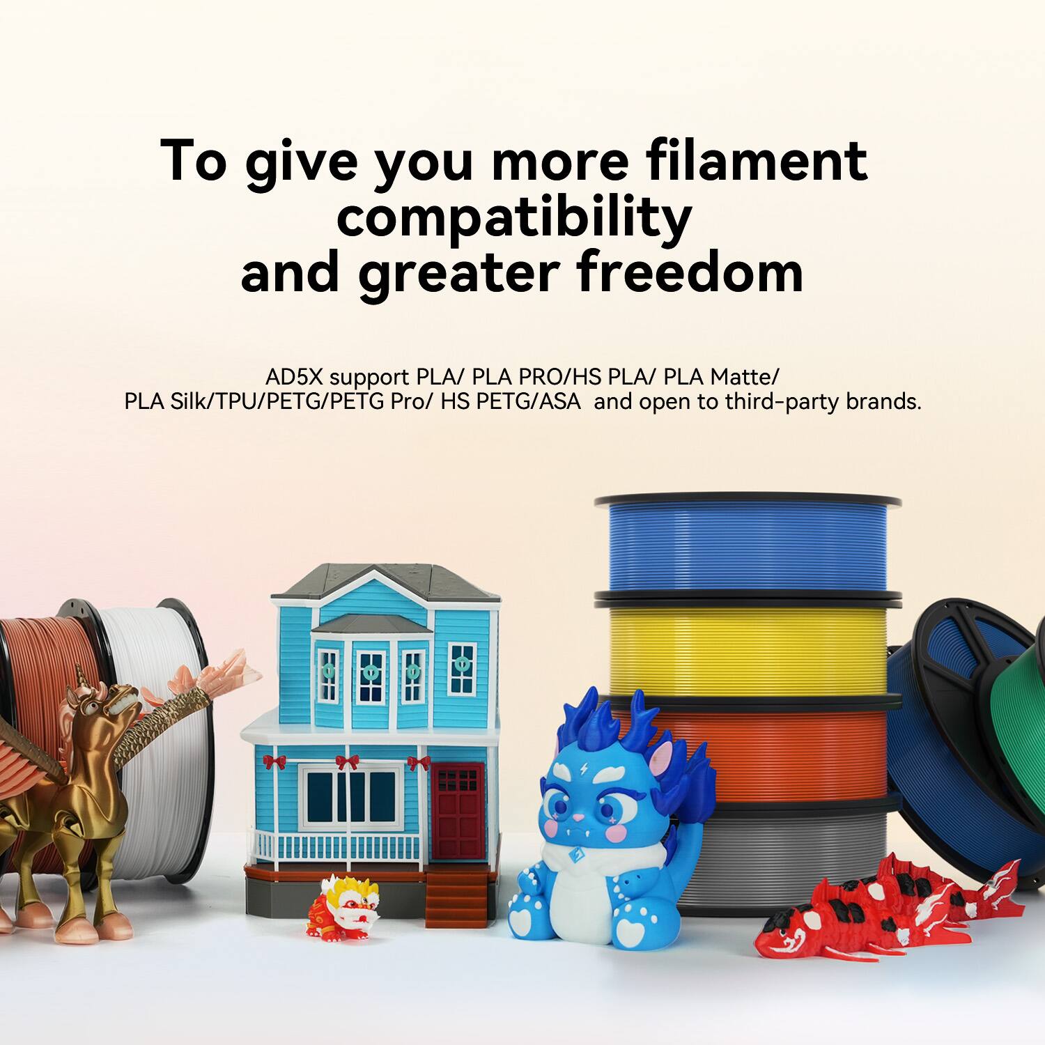 To give you more filament compatibility and greater freedom

AD5X support PLA/ PLA PRO/HS PLA/ PLA Matte/ PLA Silk/TPU/PETG/PETG Pro/ HS PETG/ASA and open to third-party brands.