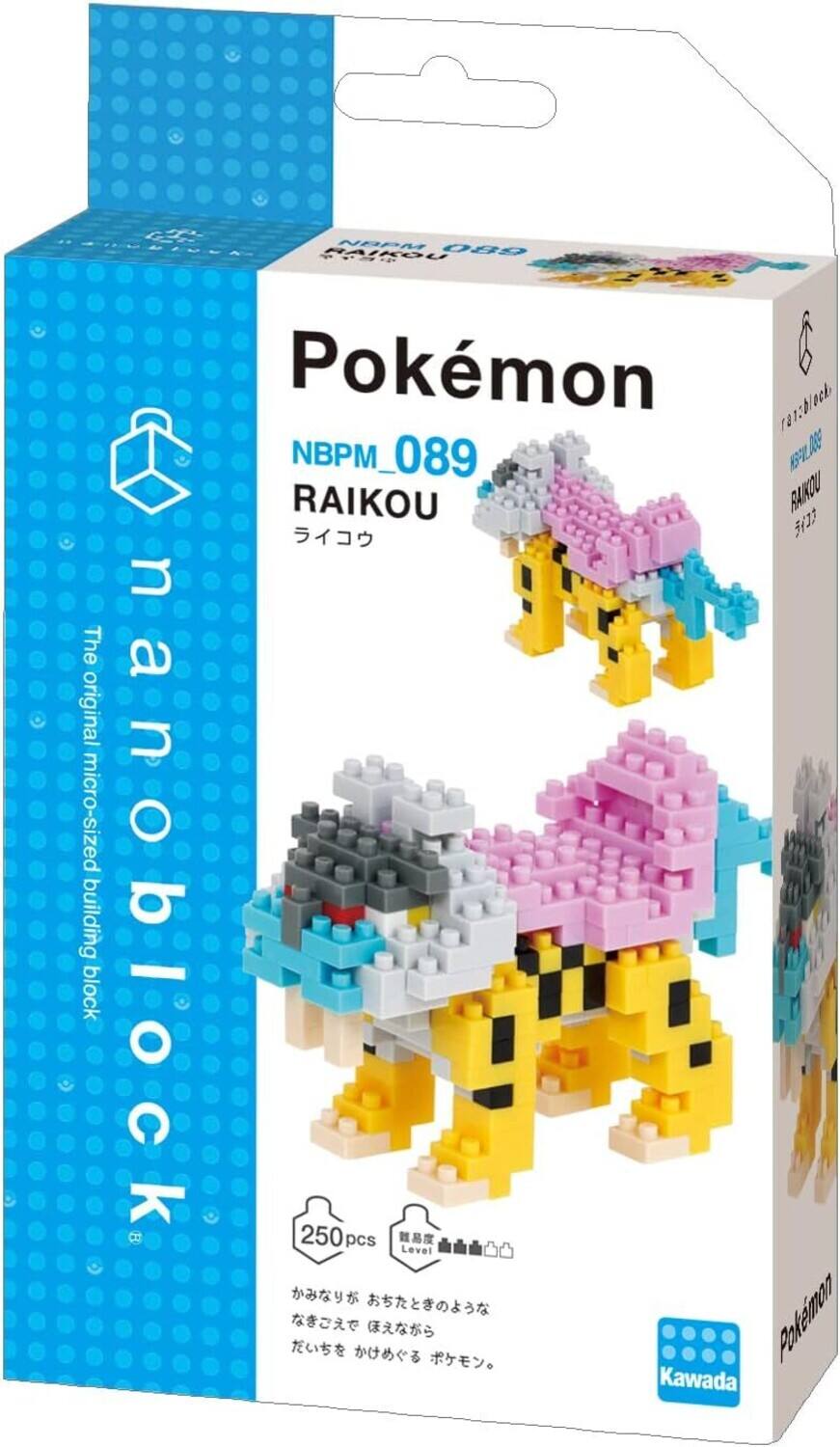 The text on the image is:

"2T TI Na 059 RIKOU Pokemon nanoblock NBPM_089 SLA00 RAIKOU BAROU
The original and micro-sized O building block nanoblock
250 pcs
Level
Pokemon Kawada"

Corrected and grouped text:

"2T TI Na 059 RIKOU
Pokemon nanoblock
NBPM_089 SLA00 RAIKOU BAROU
The original and micro-sized building block nanoblock
250 pcs
Level
Pokemon Kawada"