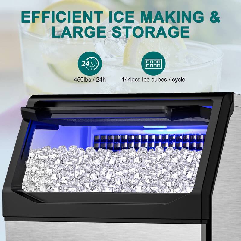 EFFICIENT ICE MAKING & LARGE STORAGE

24 HOUR
450lbs / 24h

144pcs ice cubes / cycle