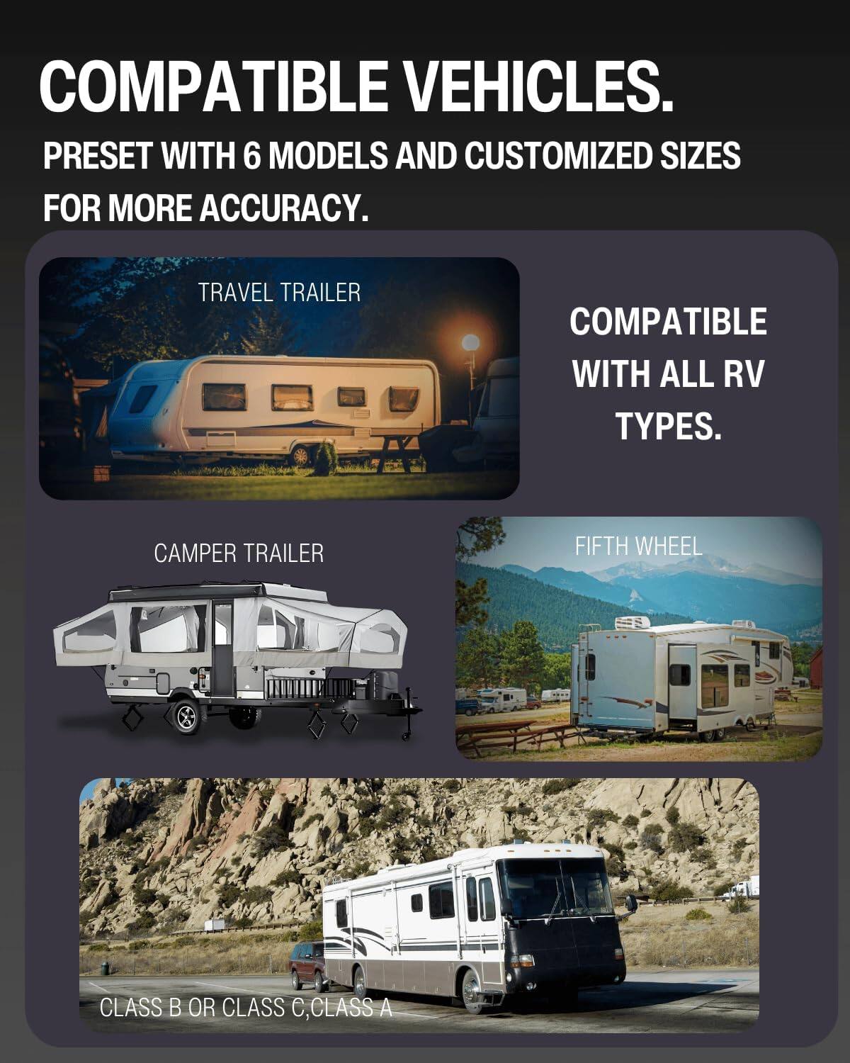 COMPATIBLE VEHICLES.  
PRESET WITH 6 MODELS AND CUSTOMIZED SIZES FOR MORE ACCURACY.  

TRAVEL TRAILER  
COMPATIBLE WITH ALL RV TYPES.  

CAMPER TRAILER  

FIFTH WHEEL  

CLASS B OR CLASS C, CLASS A