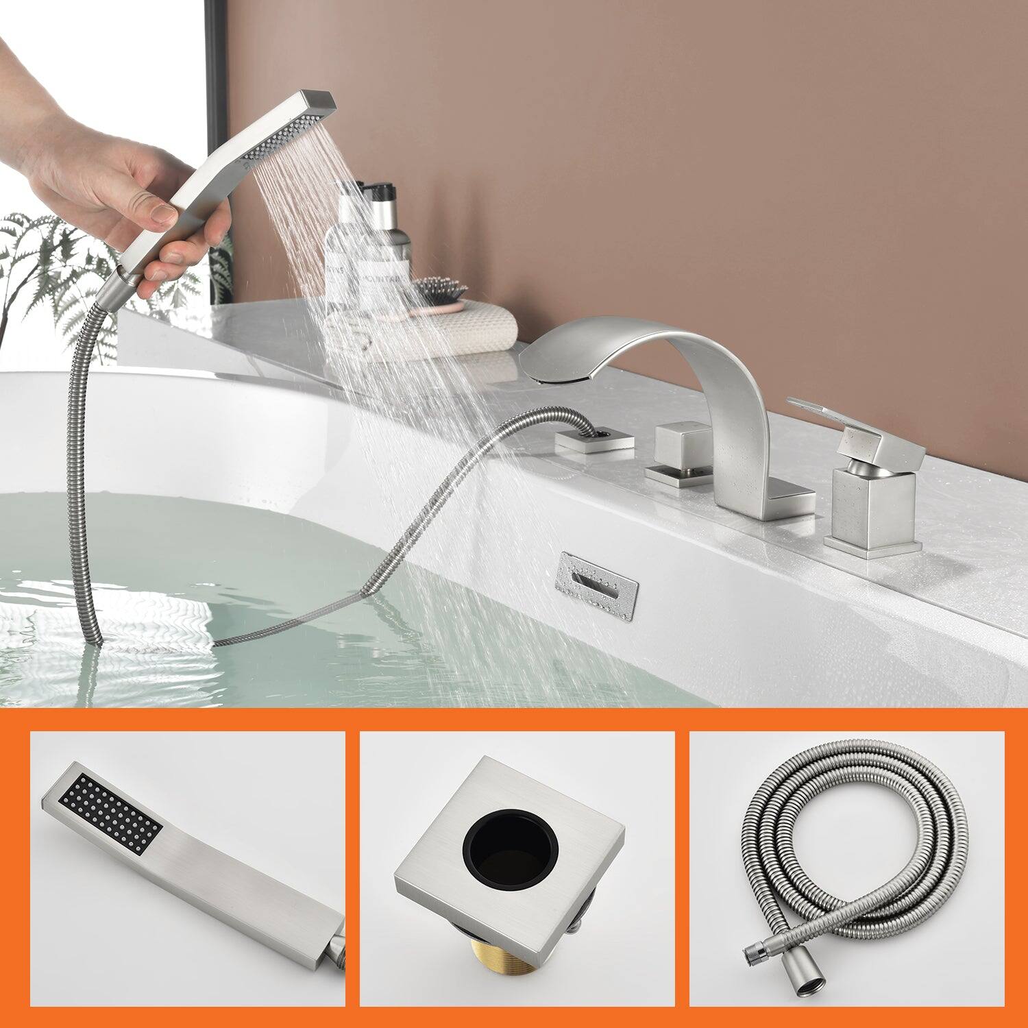 Alt View 2. Boyel Living - Brushed Nickel Curved Cold and Hot Bathtub Faucet with Handheld Shower and Waterfall Outlet Single Handle Dual Control - Brushed Nickel.