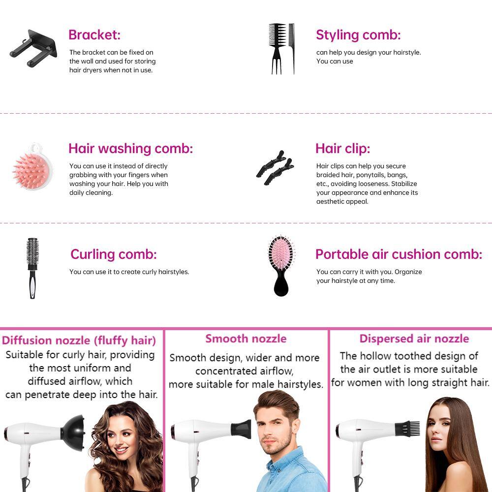 **Bracket:**
The bracket can be fixed on the wall and used for storing hair dryers when not in use.

**Hair washing comb:**
You can use it instead of directly grabbing with your fingers when washing your hair. Help you with daily cleaning.

**Styling comb:**
can help you design your hairstyle. You can use

**Hair clip:**
Hair clips can help you secure braided hair, ponytails, bangs, etc., avoiding looseness. Stabilize your appearance and enhance its aesthetic appeal.

**Curling comb:**
You can use it to create curly hairstyles.

**Portable air cushion comb:**
You can carry it with you. Organize your hairstyle at any time.

**Diffusion nozzle (fluffy hair):**
Suitable for curly hair, providing the most uniform and diffused airflow, which can penetrate deep into the hair.

**Smooth nozzle:**
Smooth design, wider and more concentrated airflow, which is more suitable for male hairstyles.

**Dispersed air nozzle:**
The hollow toothed design of the air outlet is more suitable for women with long straight hair.