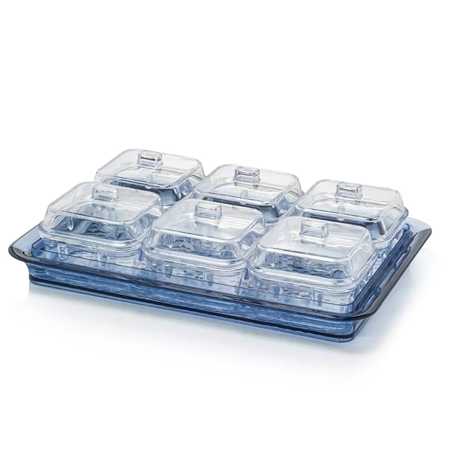 Front. Jay Import - Indigo Blue Acrylic Tray & Clear Dishes with Lids.