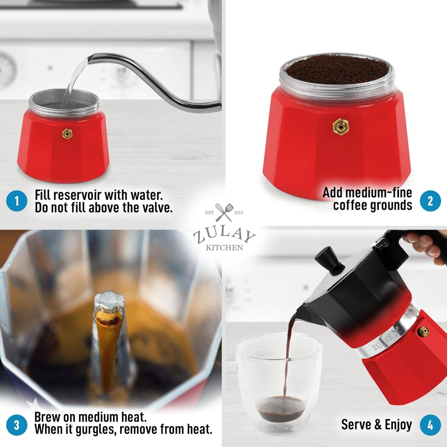1. Fill reservoir with water. Do not fill above the valve.

2. Add medium-fine coffee grounds

3. Brew on medium heat. When it gurgles, remove from heat.

4. Serve & Enjoy