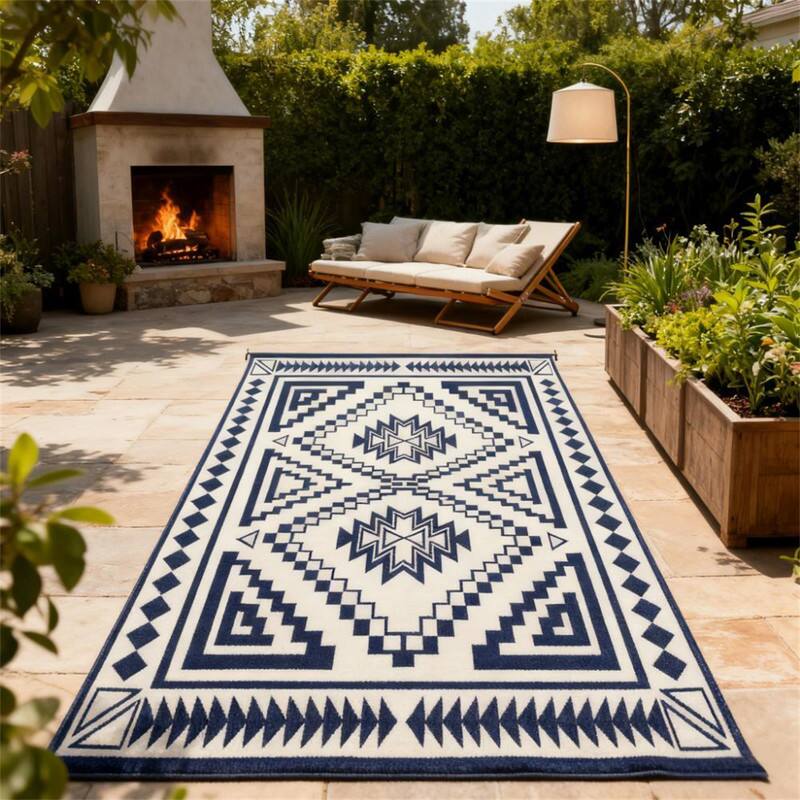 Angle. HTUTWOO - 9' x 18' Outdoor Reversible Rug - Waterproof Plastic Straw Patio Mat with Carry Bag, Foldable Camping Carpet - Blue White.