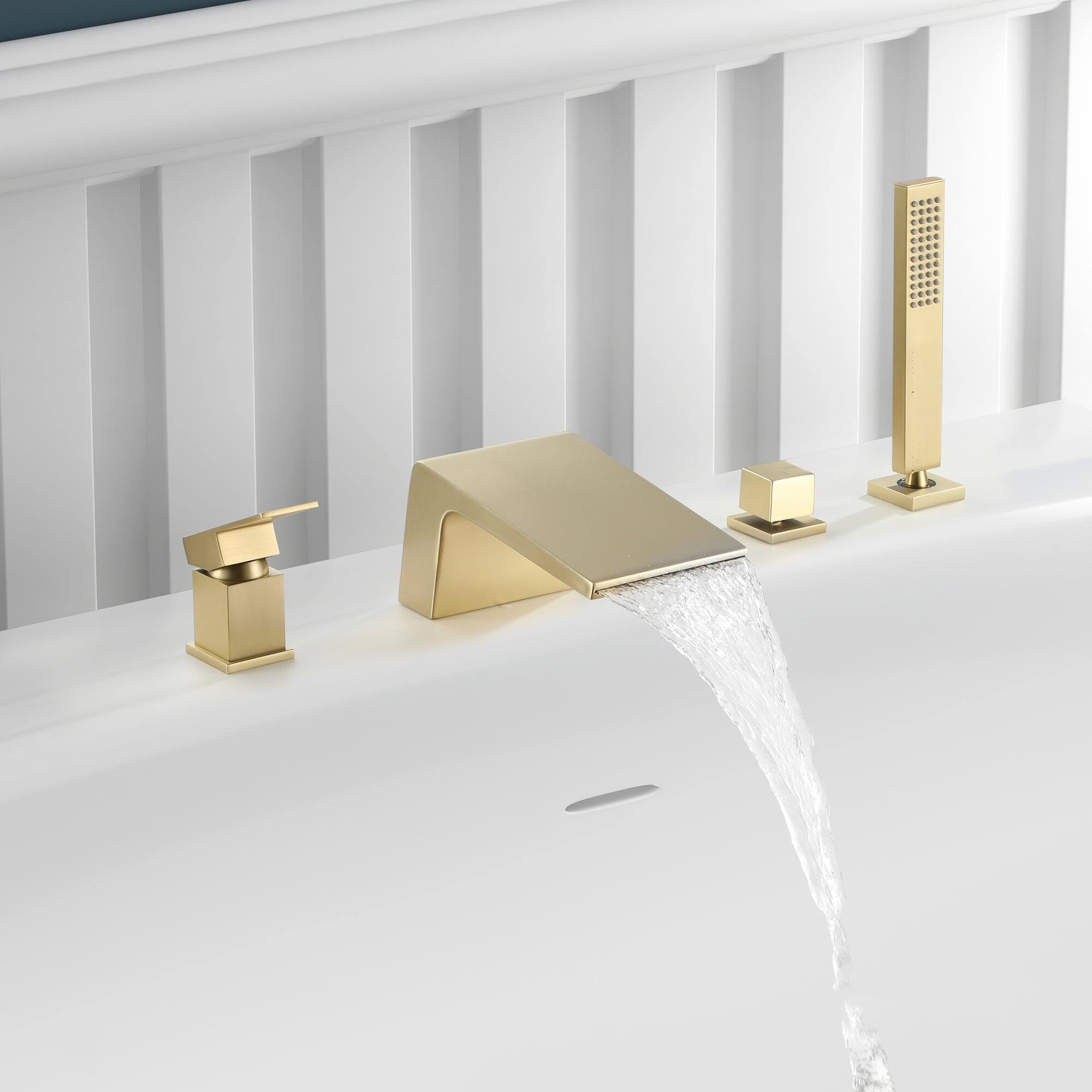 Alt View 3. Boyel Living - Single-Handle Tub Deck Mount Roman Tub Faucet with Hand Shower and Water Suply Hose in Brushed Gold - Brushed Gold.