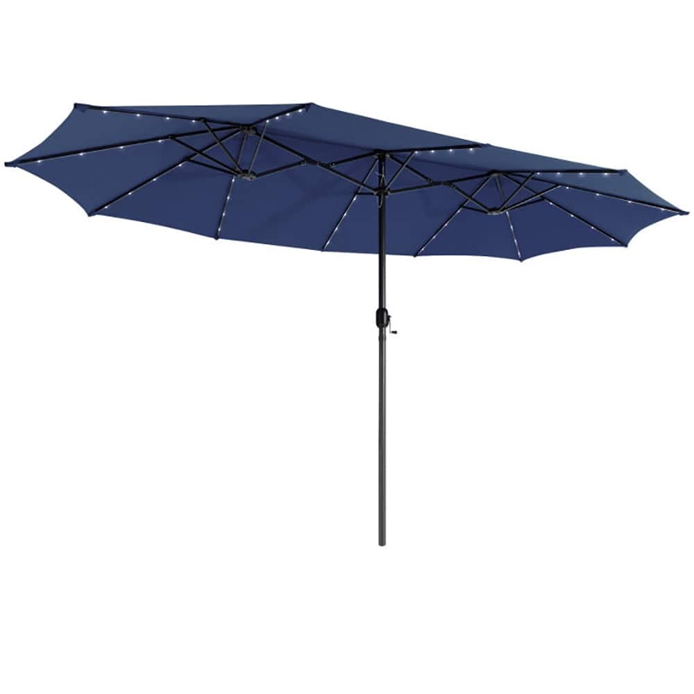Kadyn - 15 Feet Twin Patio Umbrella with 48 Solar LED Lights-Navy, Patio Offset Umbrella with Easy Tilt Adjustment