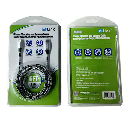 mi Link iPhone Charging and Syncing Cable
Cable iphone de Carga y Sincronizacion 6FT/1.8M
- Fast charging
- Charge/sync
- Fabric braided
- Ultrastrong reinforced
6FT 1.8M
6 pies 8.1 m) punta a punta
- Fast charging speed
- High-speed data transfer
- Aluminum alloy housing with re-enforced ends
- Braided nylon fiber cloth provides protection, strength, and flexibility
SONDEX - ... - i I Proncaon Nw Jersey UNA -h - LAE A AN Cancer and Reproductive - 1 72535 0199 1