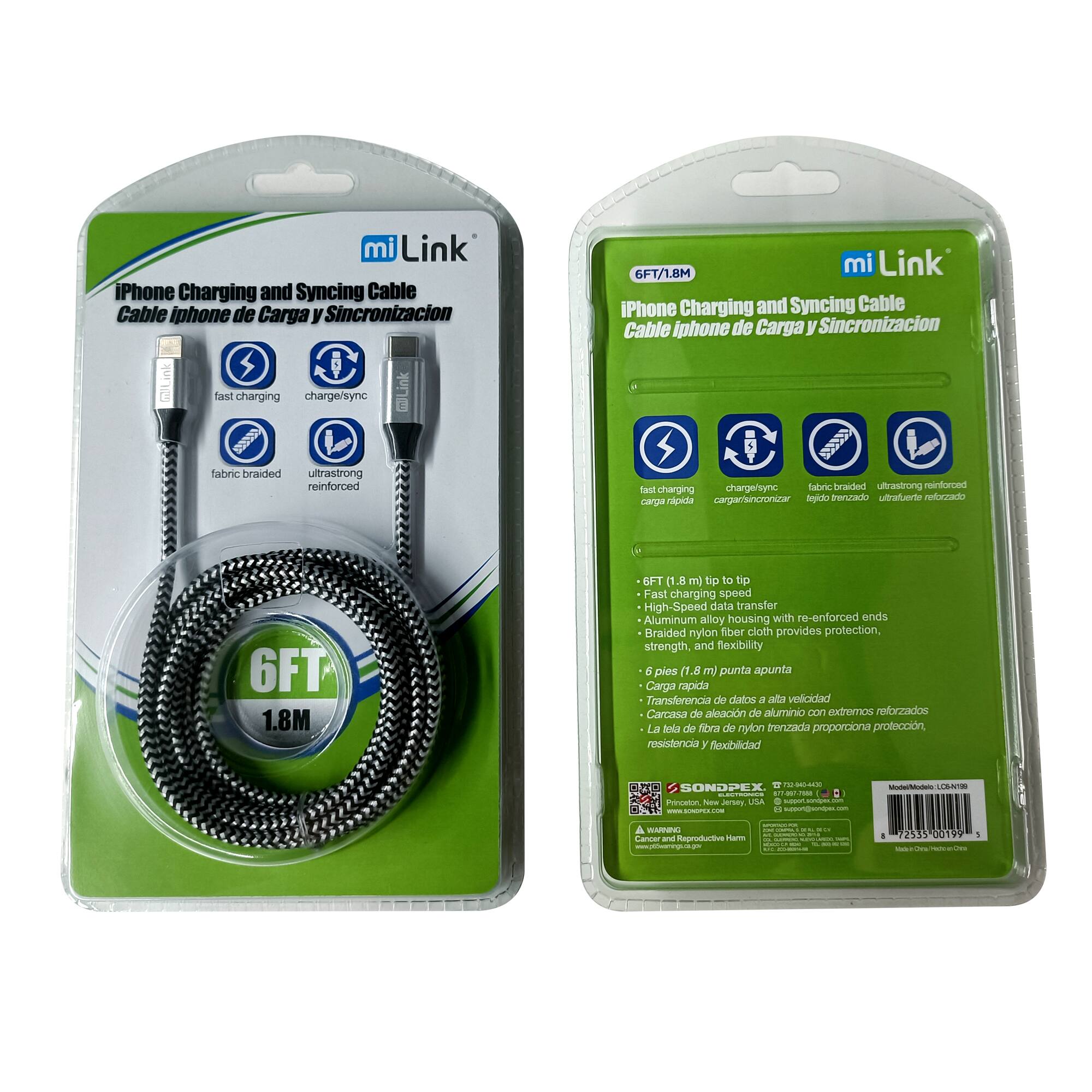 miLink - 6' iPhone to Type-C Charging and Syncing Cable