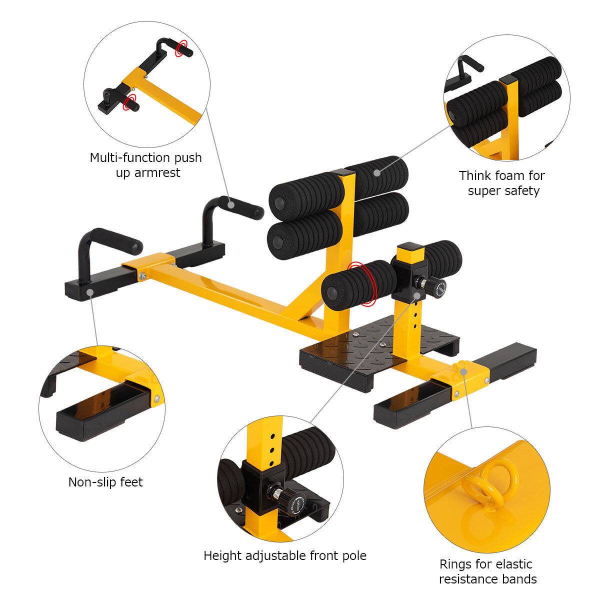 The text on the image is already grouped and correctly labeled. The labels are:

1. Multi-function push up armrest
2. Think foam for super safety
3. Non-slip feet
4. Height adjustable front pole
5. Rings for elastic resistance bands