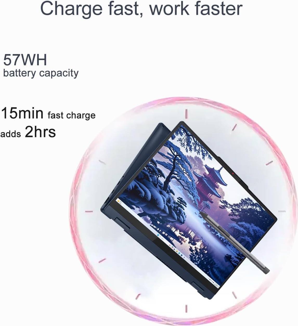 Charge fast, work faster

57WH battery capacity

15min fast charge adds 2hrs