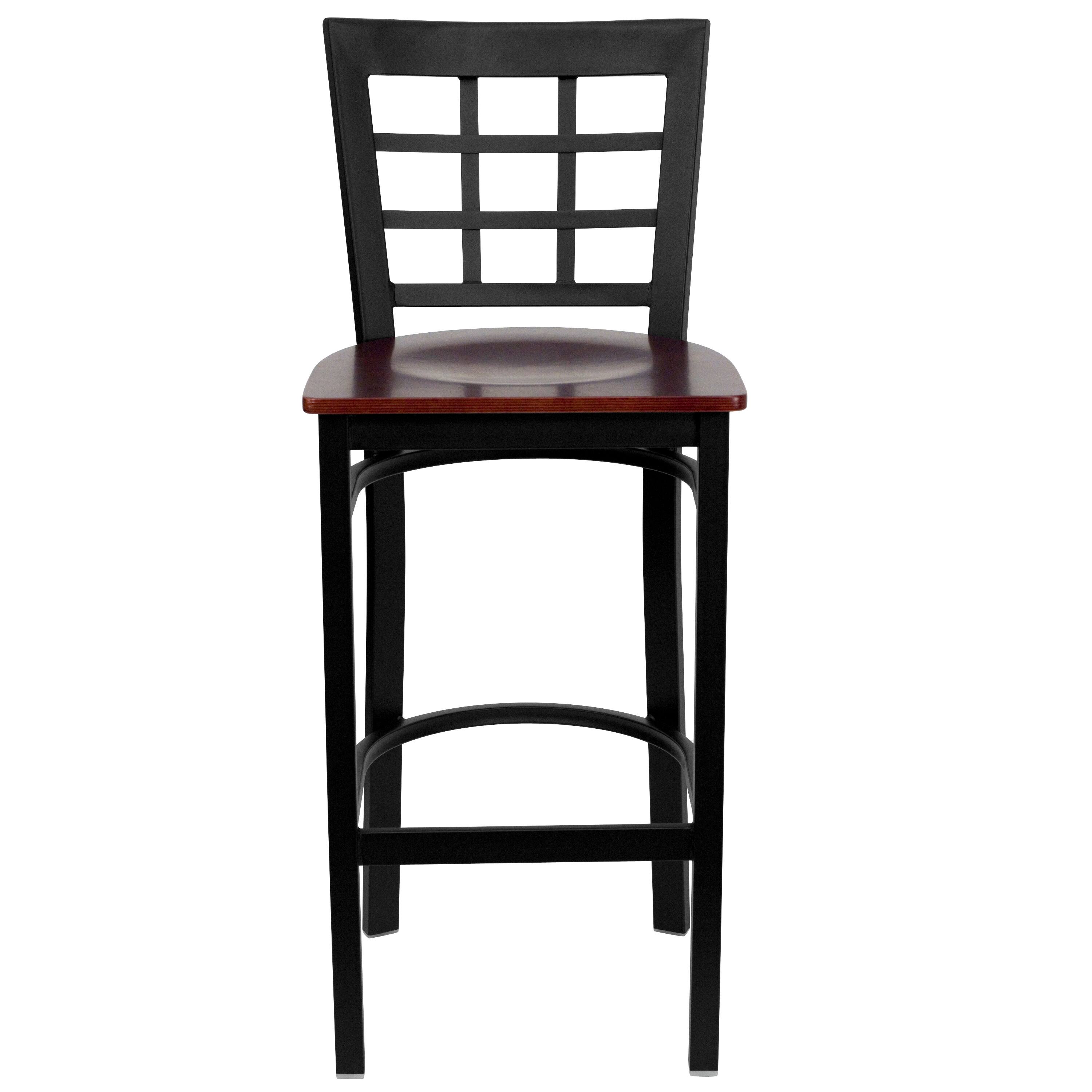 Alt View 5. Emma + Oliver - Window Back Metal Restaurant Dining Barstool - Mahogany Wood Seat/Black Metal Frame.