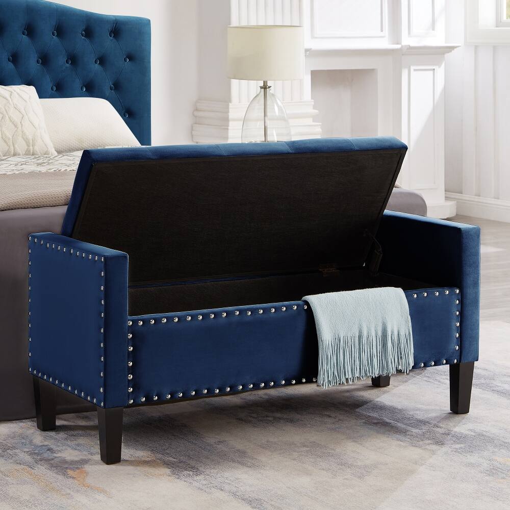 Angle. Ropilly - Ropilly Upholstered Tufted Storage Bench with Armrests, Navy Velvet Entryway Bed Bench with Nailhead Trim, 48 Inch - Navy.