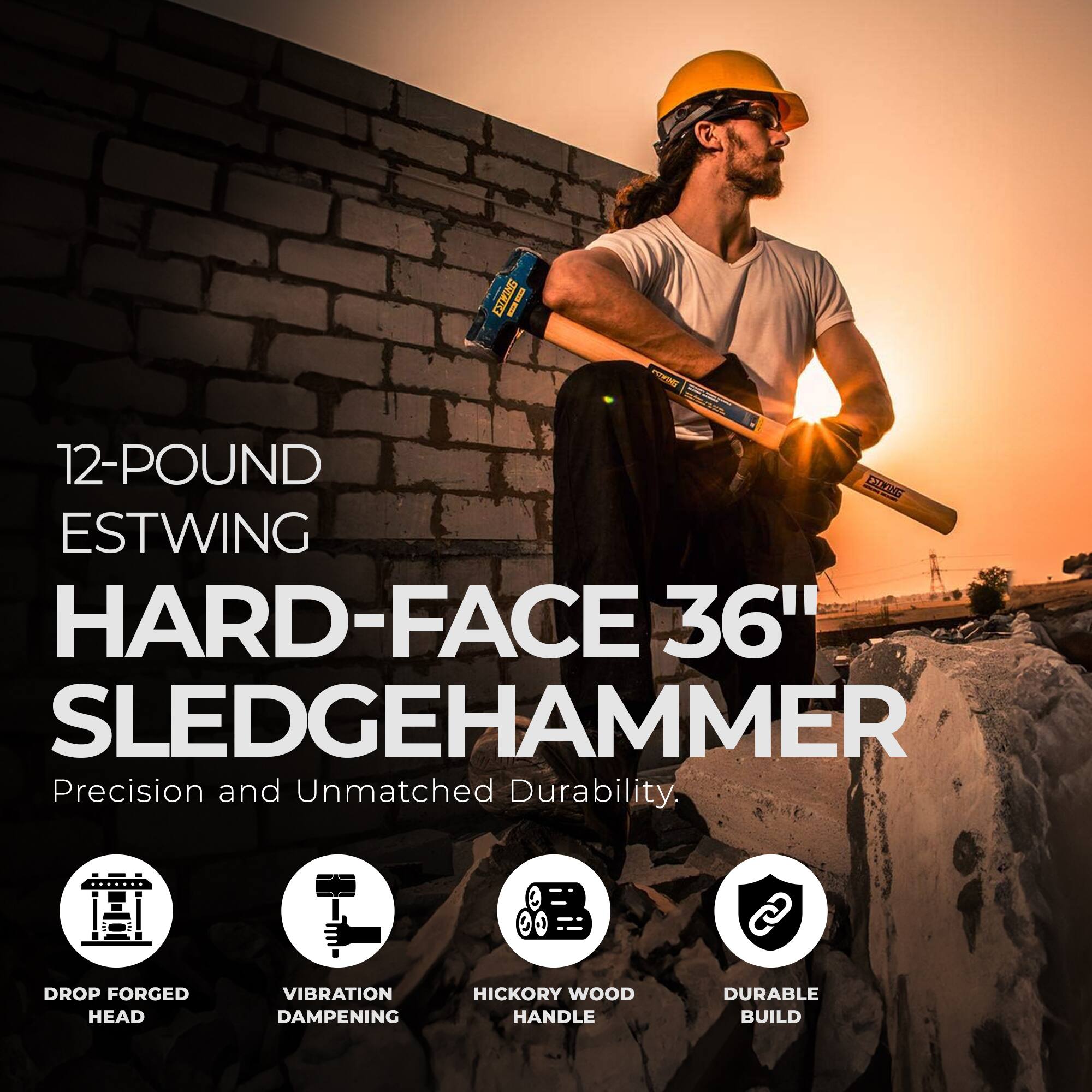 12-Pound Estwing Hard-Face 36" Sledgehammer  
Precision and Unmatched Durability  
- Drop Forged Head  
- Vibration Dampening  
- Hickory Wood Handle  
- Durable Build