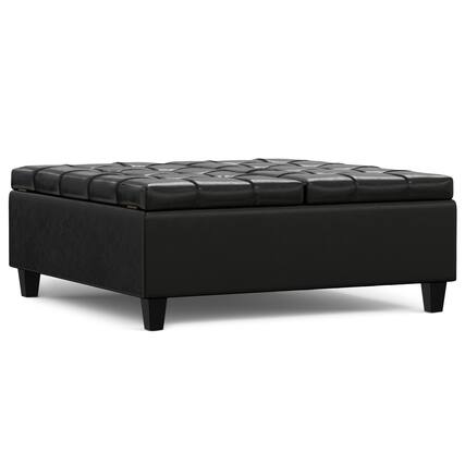 Front. Simpli Home - Harrison 40 inch Wide Large Square Coffee Table Storage Ottoman in Midnight Black Vegan Leather - Midnight Black.