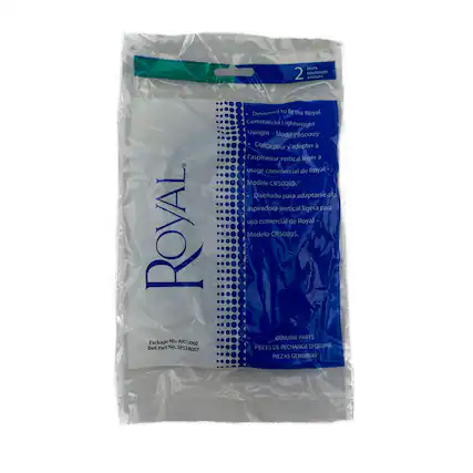 **BELTS 2 COURROIES BANDAS**
**ROYAL**
**Package No. AR20060**
**Belt Part No. 38528057**
**Designed to fit the Royal commercial Lightweight Upright Model CR50005**
**Conçu pour s'adapter à l'aspirateur vertical léger à usage commercial de Royal - Modèle CR50005**
**Diseñado para adaptarse a la aspiradora vertical ligera para uso comercial de Royal - Modelo CR50005**
**GENUINE PARTS**
**PIECES DE RECHANGE D'ORIGINE**
**PIEZAS GENUINAS**