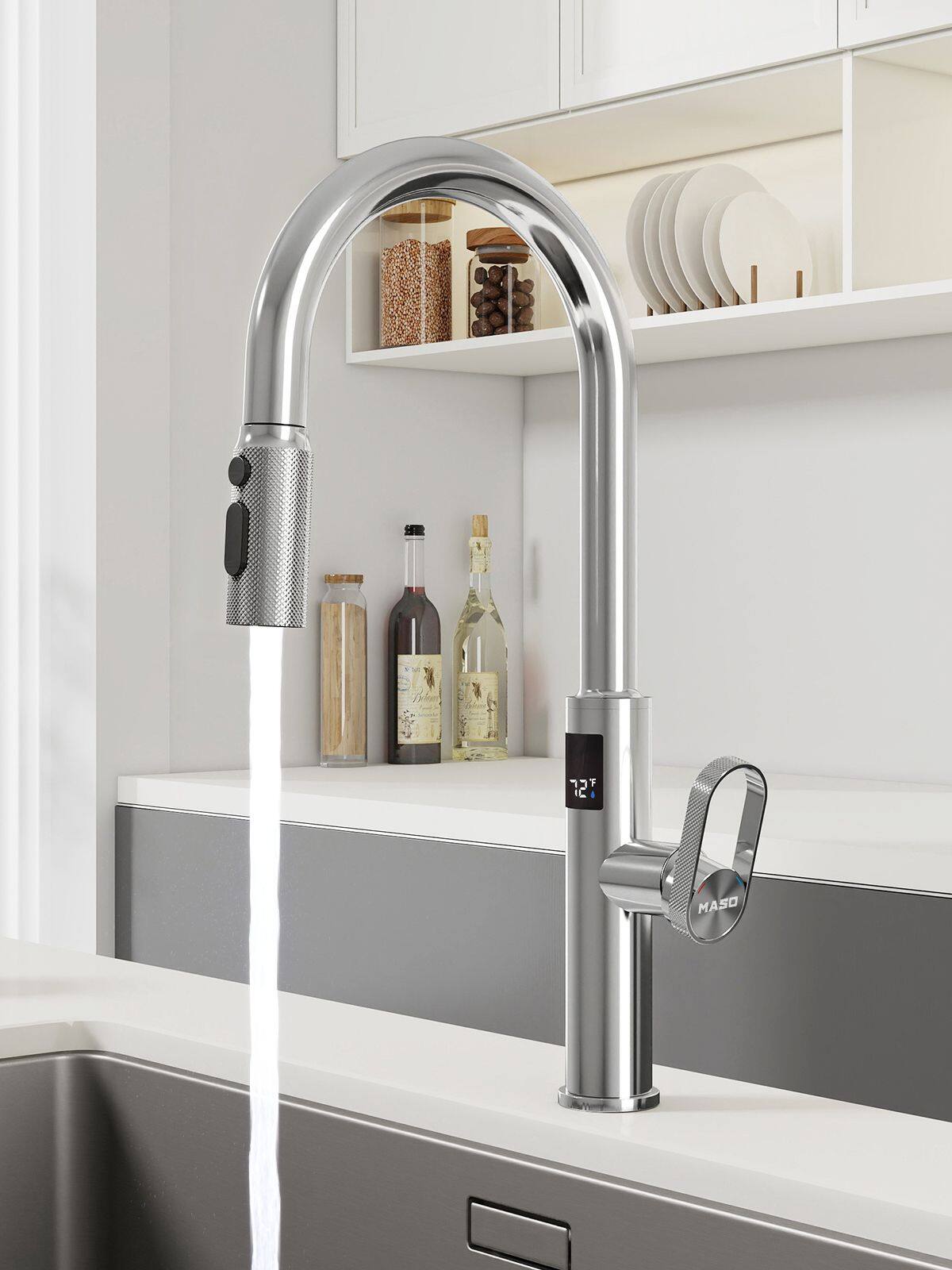 Alt View 10. ENZE - Touchless Kitchen Faucet with Pull-Down Sprayer Fahrenheit Temperature Display 3 Spray Modes 360° Modern Faucet - Nickel.