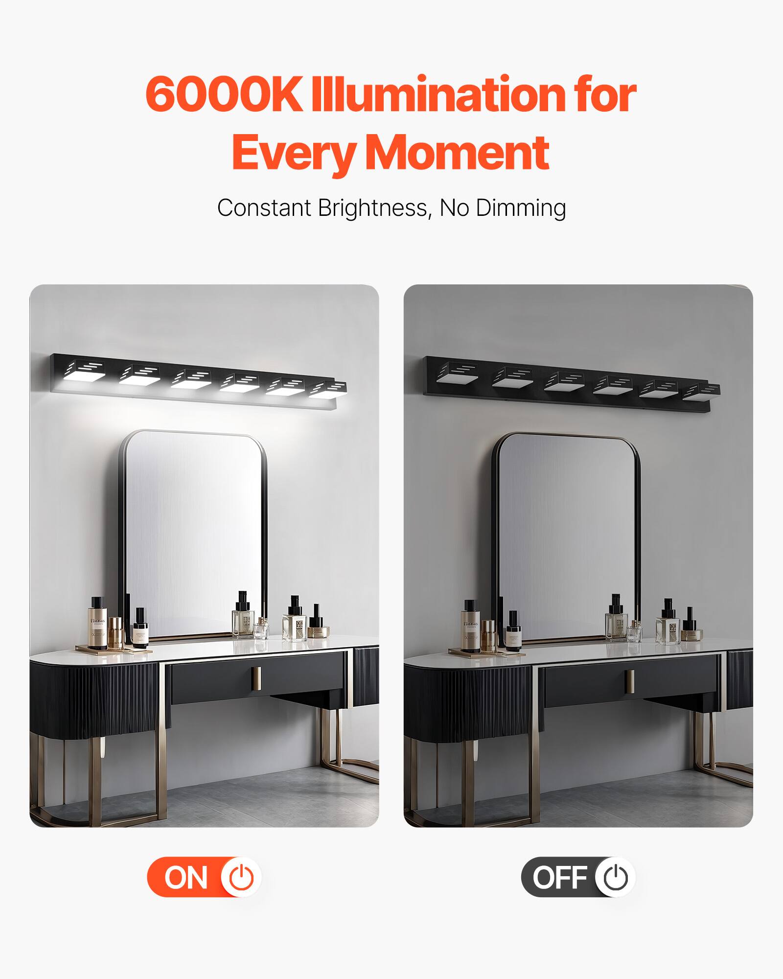6000K Illumination for Every Moment, Constant Brightness, No Dimming, ON, OFF