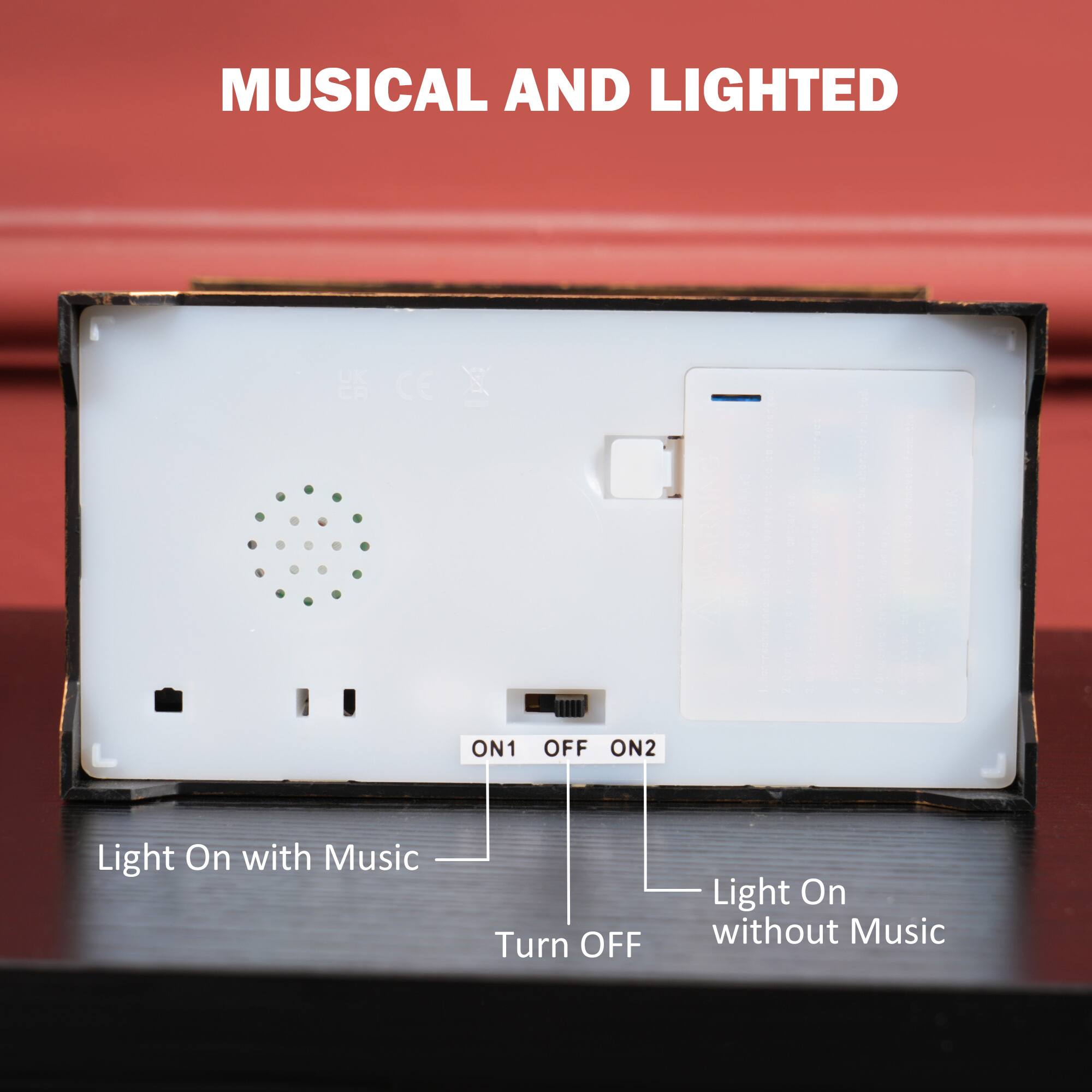MUSICAL AND LIGHTED

- ON1: Light On with Music
- OFF: Turn Off
- ON2: Light On without Music