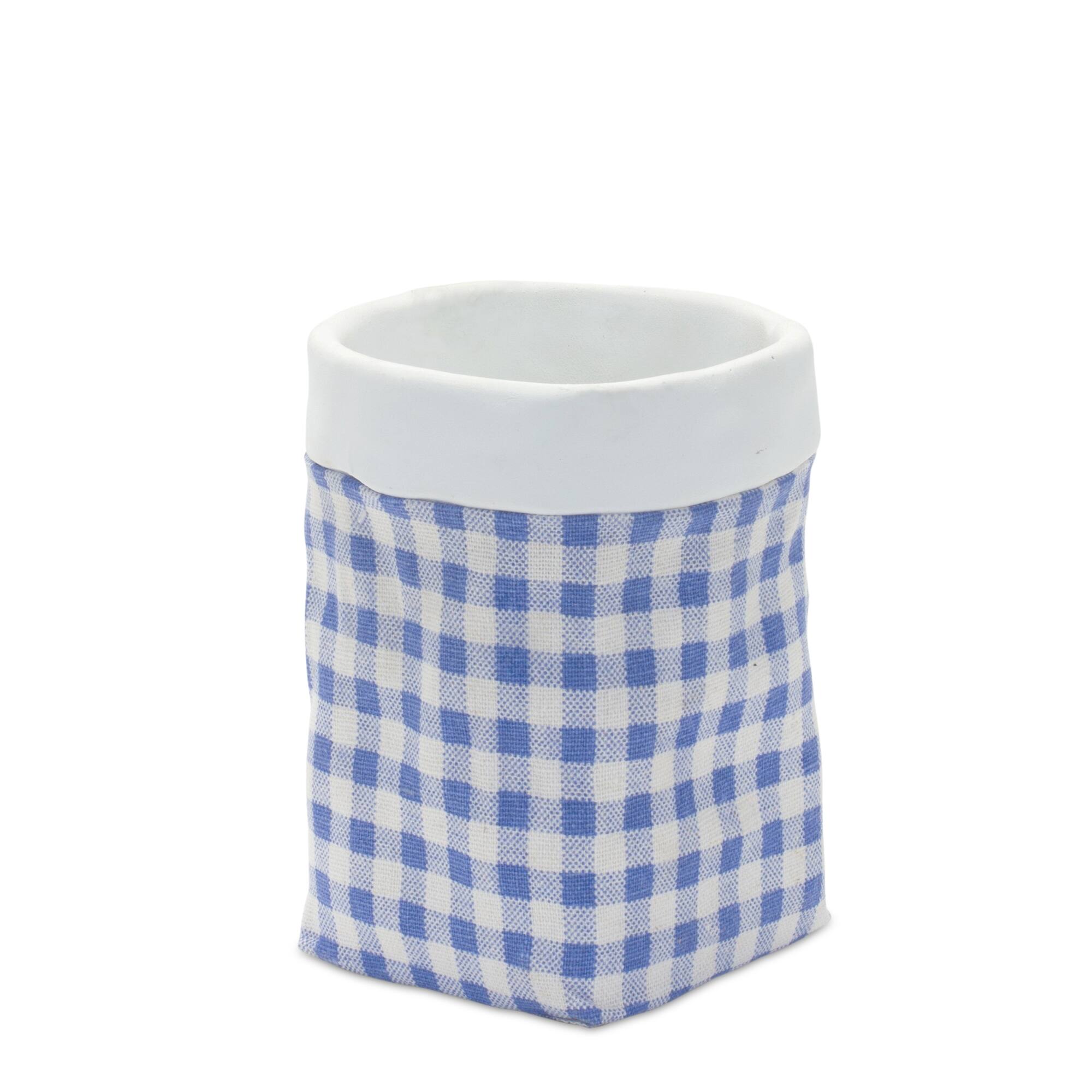 Left. BreeBe - Gingham Sack Design Stone Planter (Set of 2) - Blue, White.