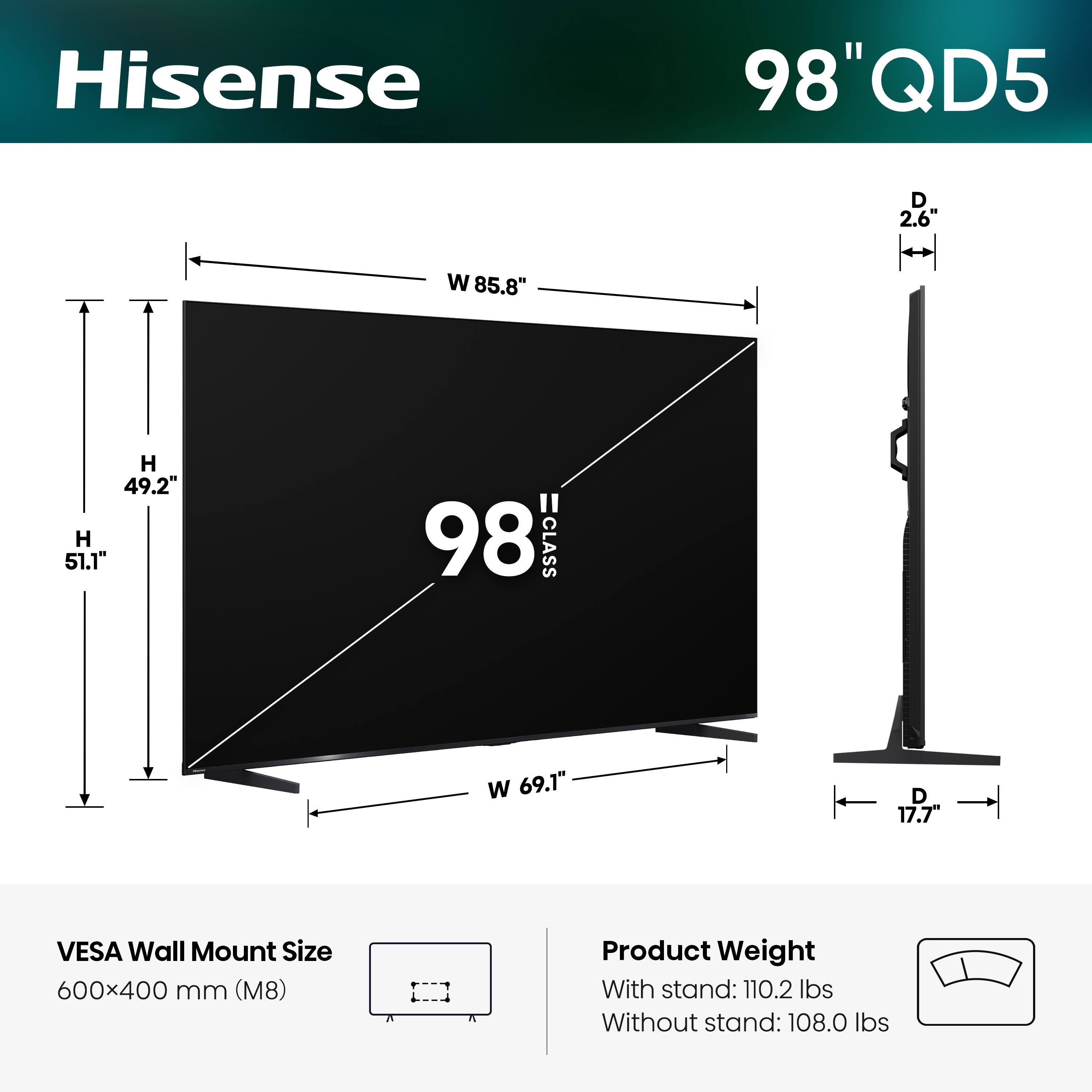 Hisense  
98" QD5  
Dimensions:  
- Width (W): 85.8"  
- Height (H): 51.1"  
- Depth (D): 2.6"  
- Width (W) with stand: 69.1"  
- Depth (D) with stand: 17.7"  
- VESA Wall Mount Size: 600x400 mm (M8)  
- Product Weight:  
  - With stand: 110.2 lbs  
  - Without stand: 108.0 lbs