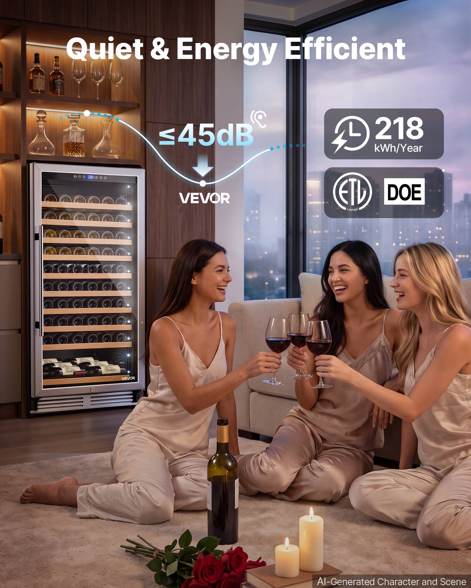 Quiet & Energy Efficient  
≤45dB  
218 kWh/Year  
VEVOR  
ETU LISTED  
DOE  
AI-Generated Character and Scene
