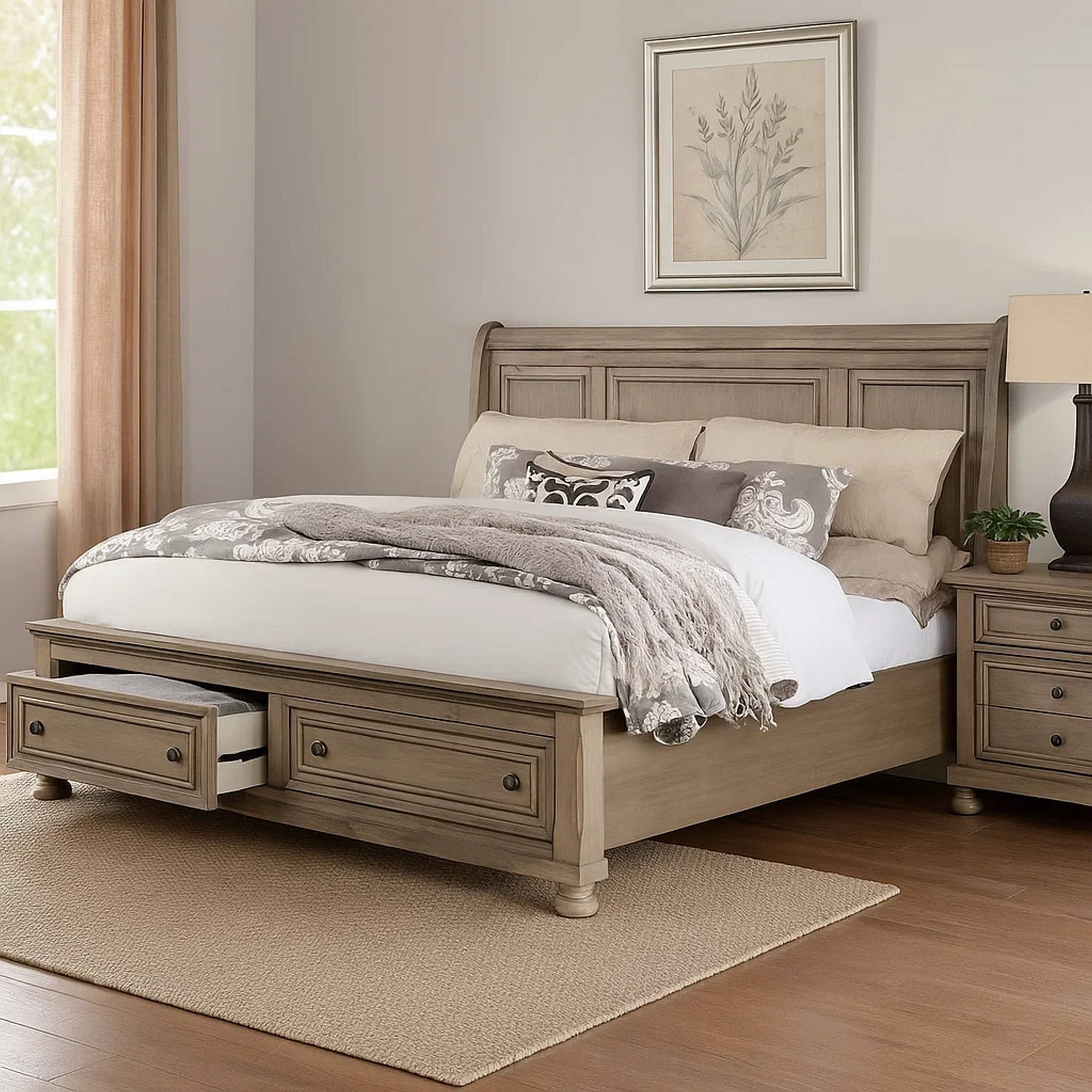 Alt View 5. Manhattan Lane - Ava Queen Bed with Footboard Storage and Bun Feet, Gray Solid Wood - Gray, Bronze.