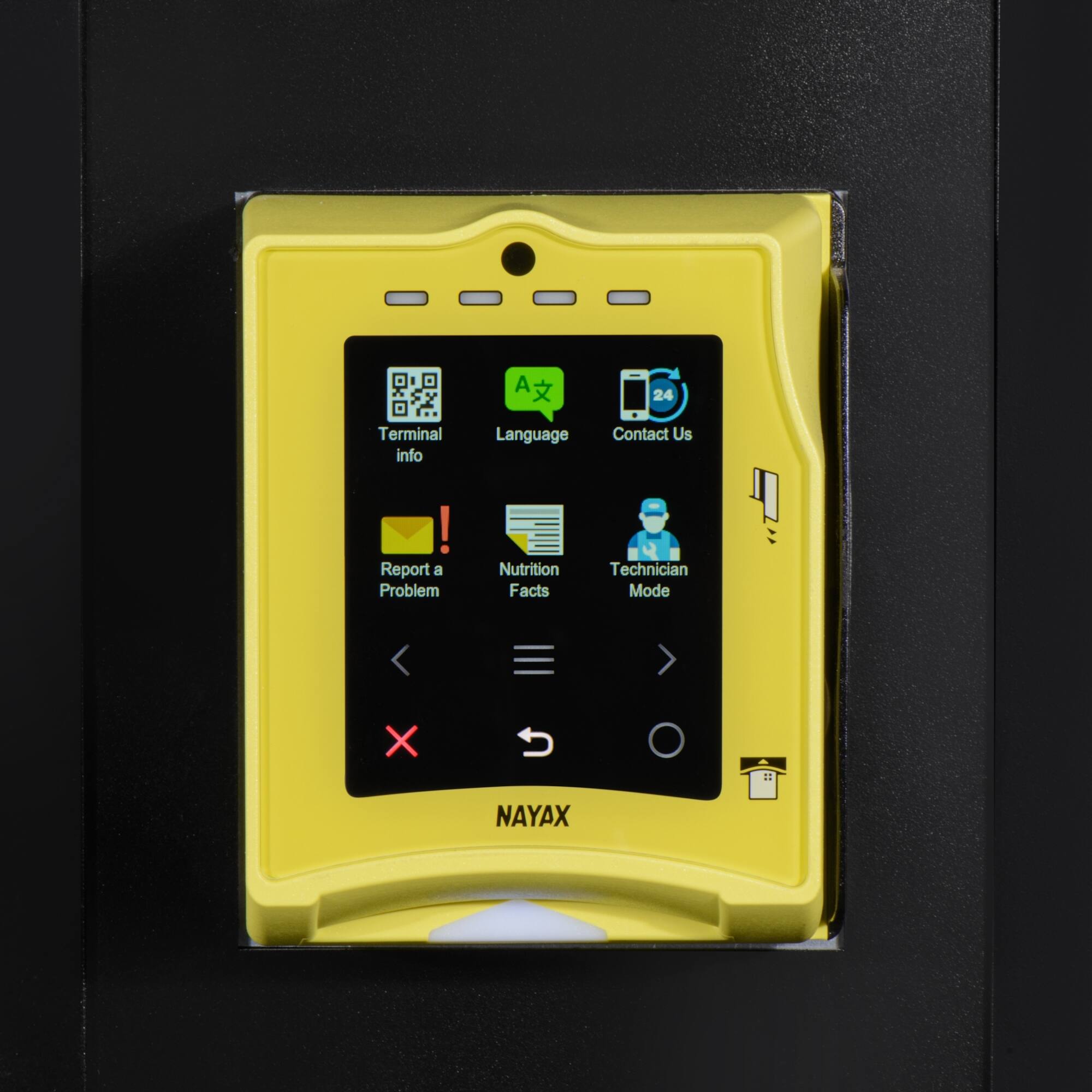 A 24 Terminal info Language Contact Us ! Report a Problem Nutrition Facts Technician Mode X NAYAX