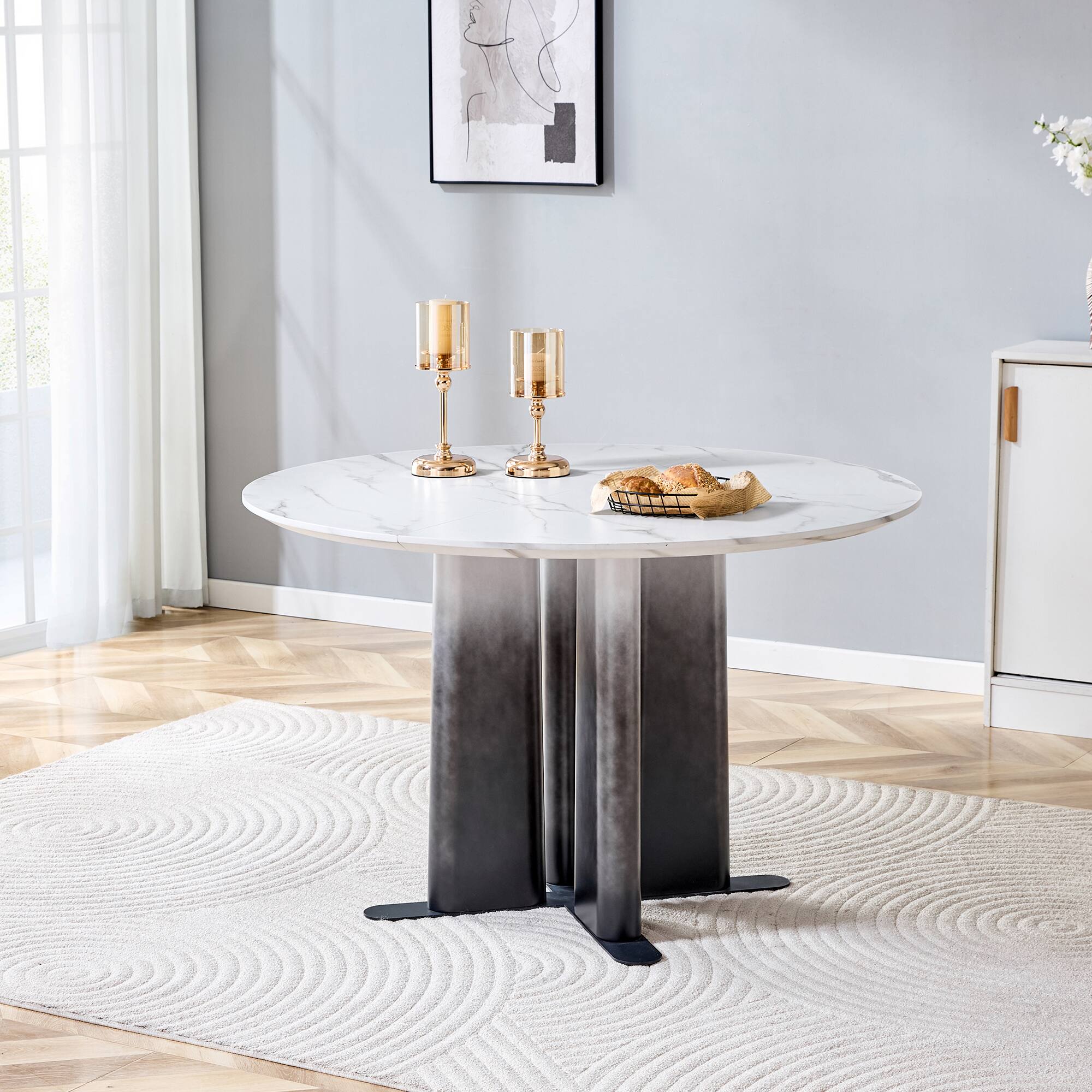 Alt View 4. Loheer - Loheer- 3.94ft Round Faux Marble Dining Table Modern Compact Kitchen Table with Cross Base for Small Spaces - White.