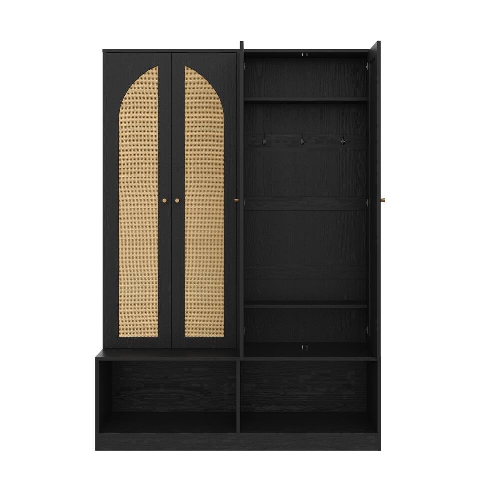 Alt View 7. Loheer - Loheer Farmhouse Hall Tree with Rattan Doors, 4-In-1 Entryway Seating Bench, Black 55.1"W - Black.