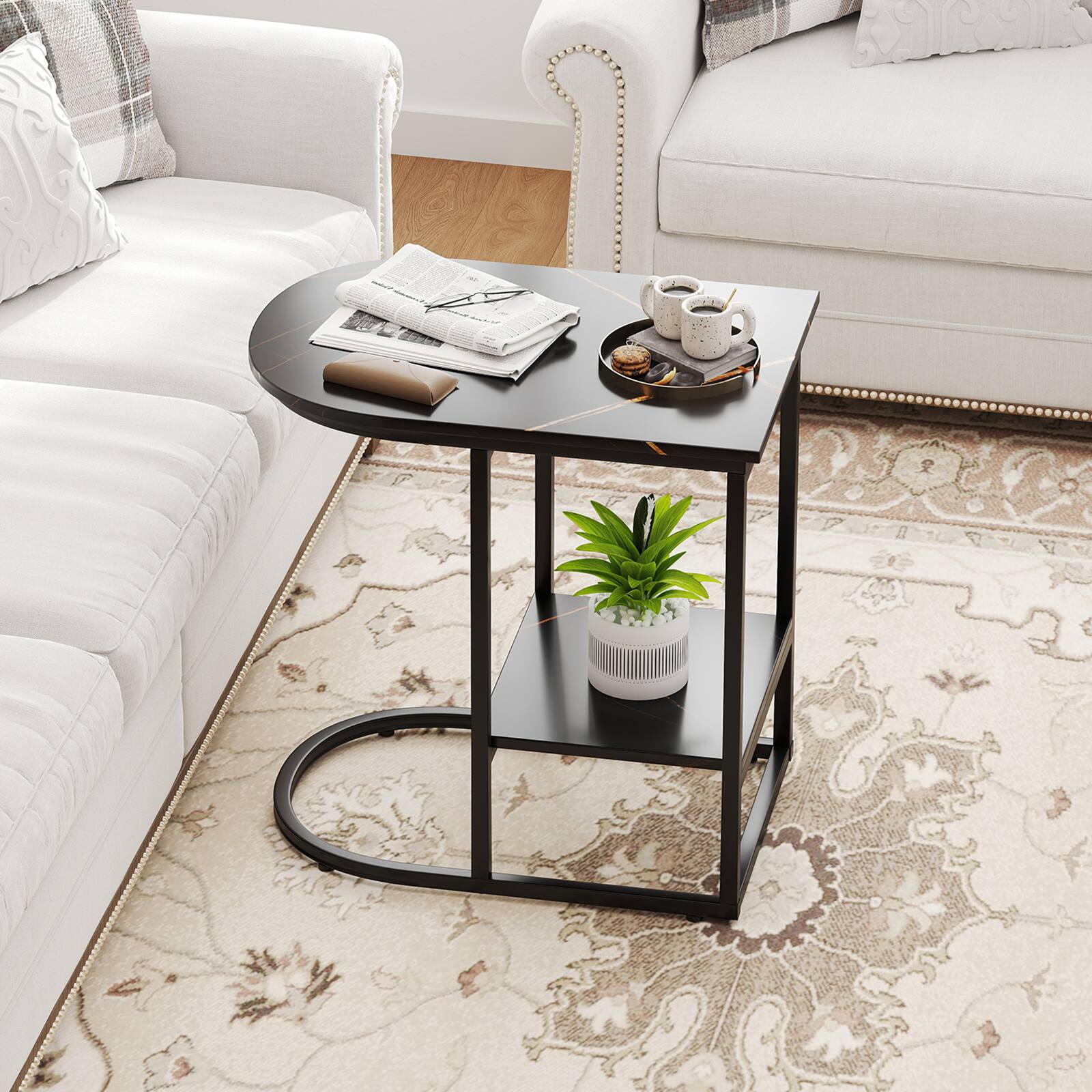 Alt View 3. Costway - Costway 2PCS C-shaped End Table Modern Sofa Side Table w/ Faux Marble Tabletop & Storage Shelf - Black.