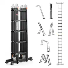 Front. VEVOR - Multi-Purpose Folding Ladder, 7-in-1 Tall Extension Step Ladder, A Frame 5 Step Telescoping Ladder, 19ft Reach Height - Black.