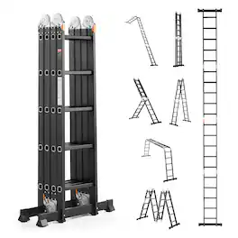VEVOR - Multi-Purpose Folding Ladder, 7-in-1 Tall Extension Step Ladder, A Frame 5 Step Telescoping Ladder, 19ft Reach Height - Black