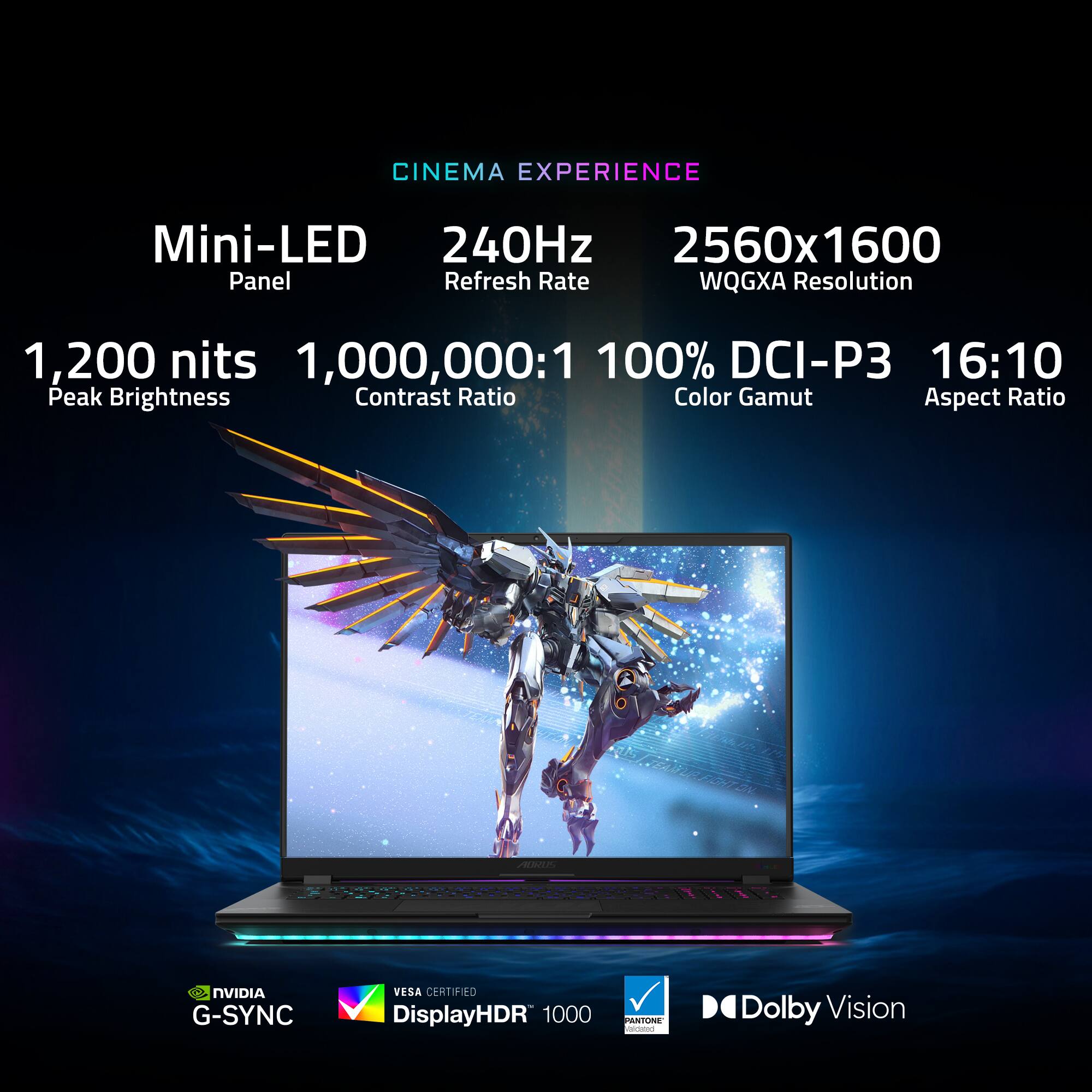 CINEMA EXPERIENCE
Mini-LED Panel
240Hz Refresh Rate
2560x1600 WQGXA Resolution
1,200 nits Peak Brightness
1,000,000:1 Contrast Ratio
100% DCI-P3 Color Gamut
16:10 Aspect Ratio
NVIDIA G-SYNC
VESA CERTIFIED
DisplayHDR 1000
PANTONE
Dolby Vision