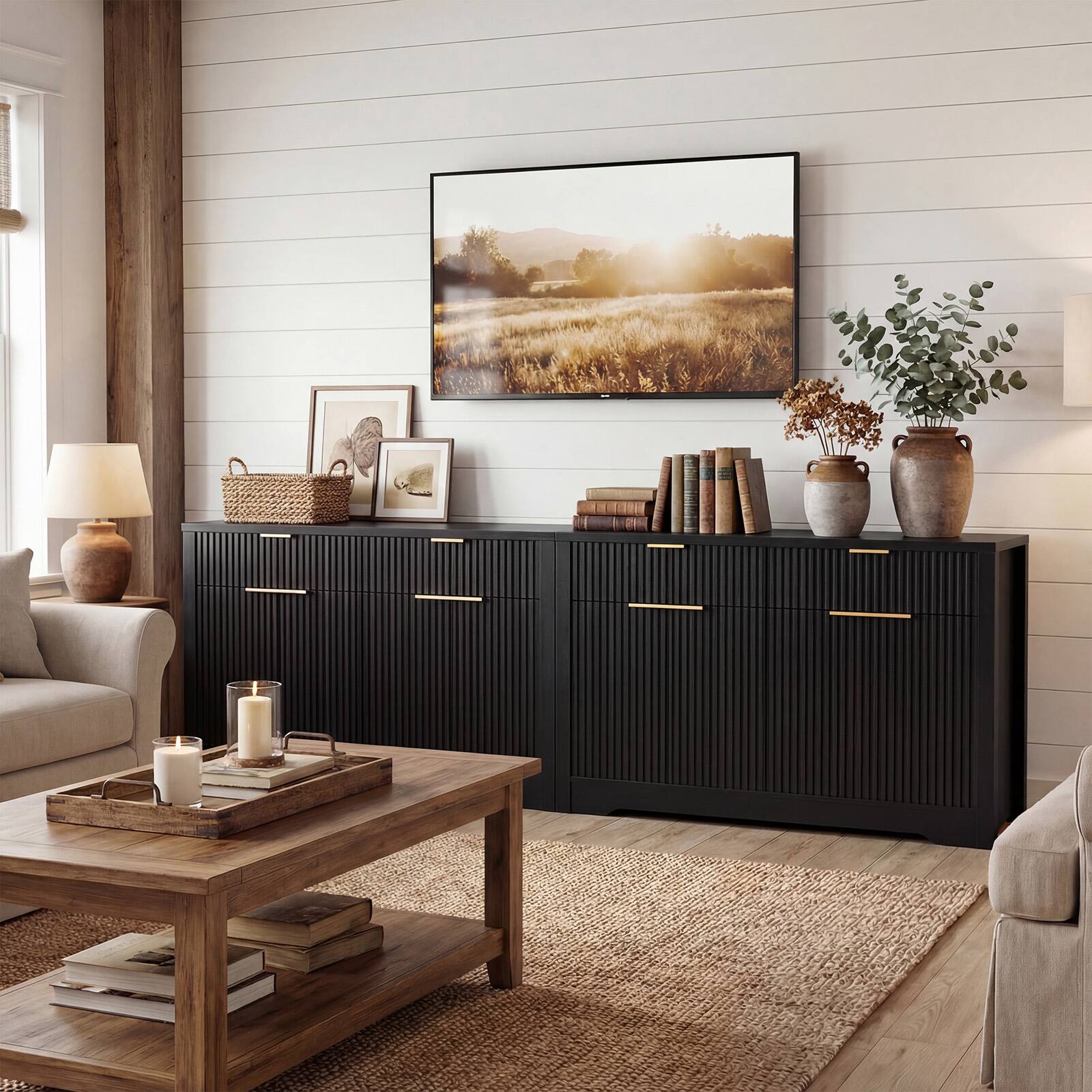 Left. Aheaplus - 55.1'' Fluted Buffet Cabinet with Drawers, Modern Sideboard Credenza with Adjustable Shelves - Black.