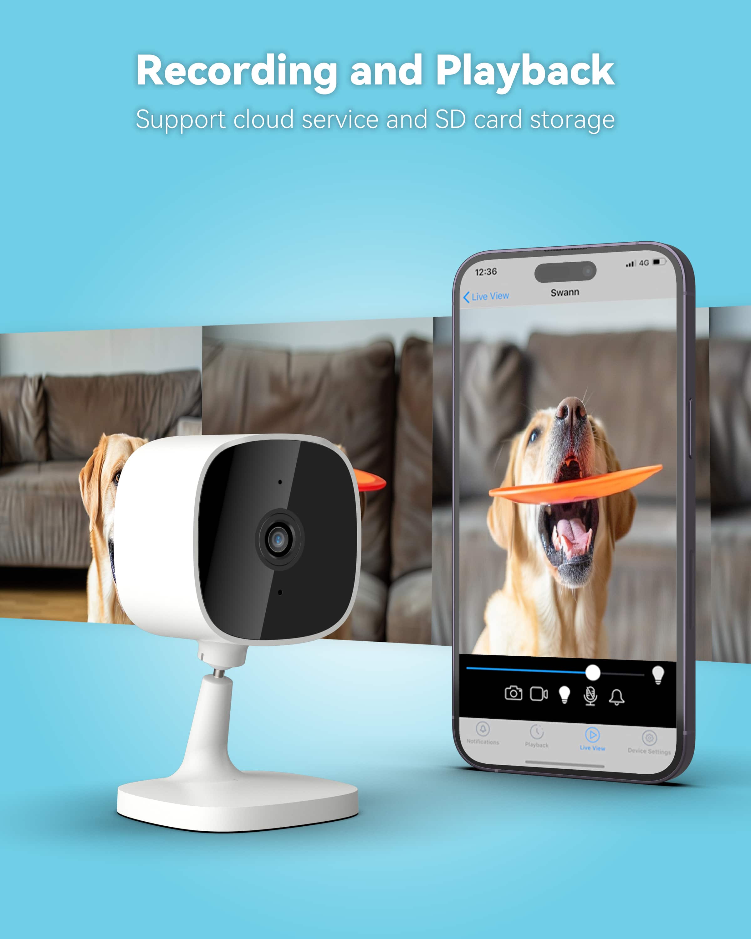Recording and Playback: Support cloud service and SD card storage. 12:36, 40 Live View: Swann O Notifications Playback Device Settings.