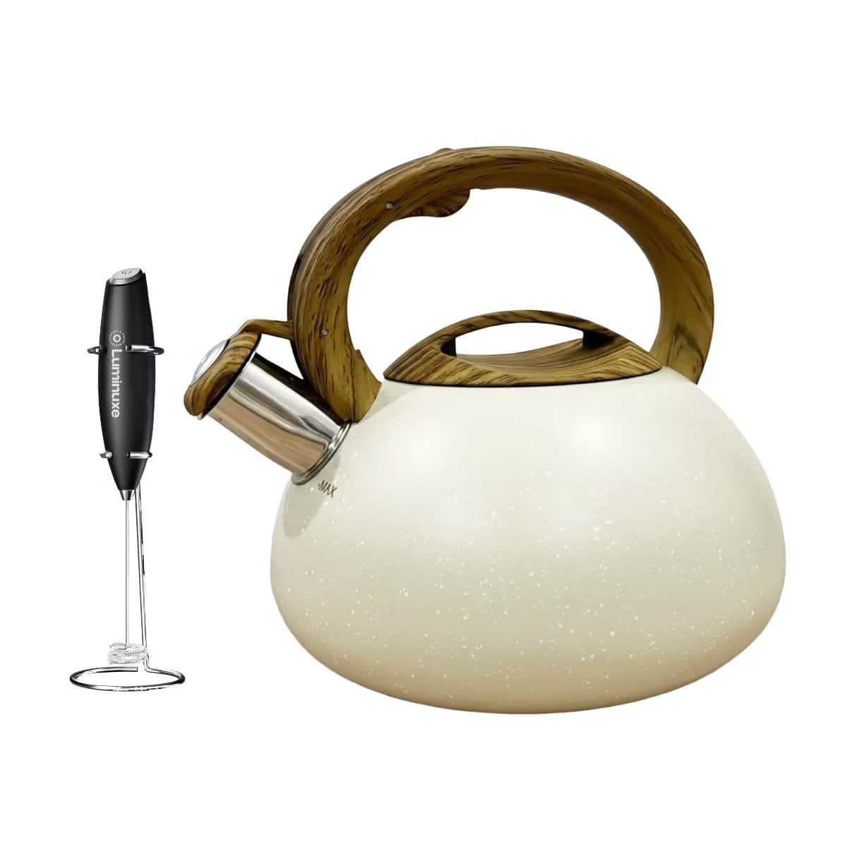 Luminuxe - Whistling Tea Kettle & Milk Frother Set, 2.4qt Stainless Steel Whistling Tea Kettle & Handheld Frother, Foam Maker - White Marble