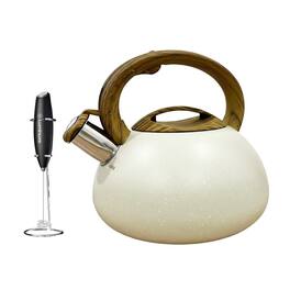 Luminuxe - Whistling Tea Kettle & Milk Frother Set, 2.4qt Stainless Steel Whistling Tea Kettle & Handheld Frother, Foam Maker - White Marble