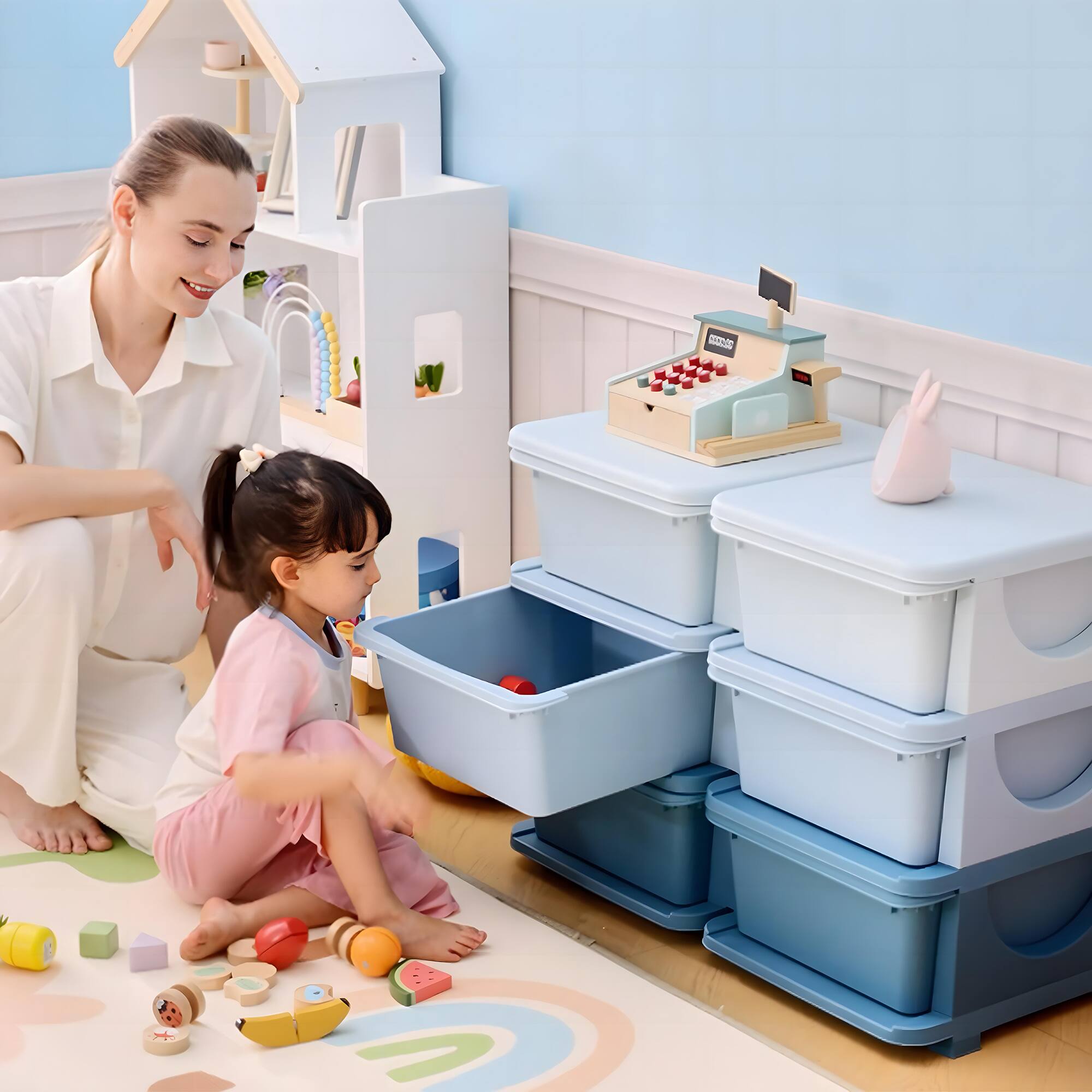 Alt View 5. Qaba - 3 Tier Kids Storage Unit, 6 Drawer Chest Toy Organizer Plastic Bins for Kids Bedroom, Nursery, Kindergarten - Blue.