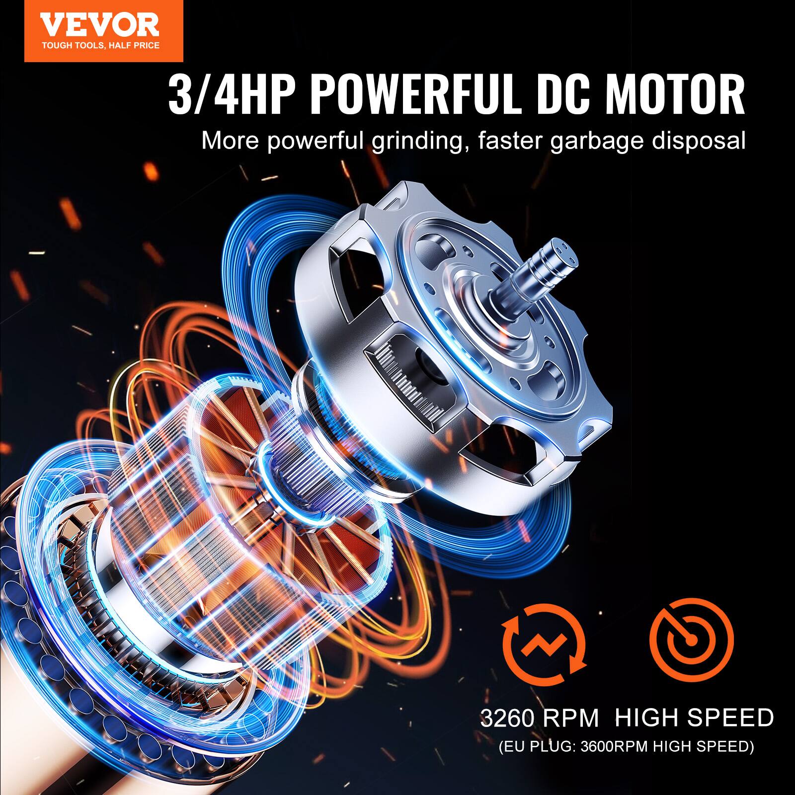 VEVOR TOUGH TOOLS, HALF PRICE

3/4HP POWERFUL DC MOTOR
More powerful grinding, faster garbage disposal

3260 RPM HIGH SPEED
(EU PLUG: 3600RPM HIGH SPEED)