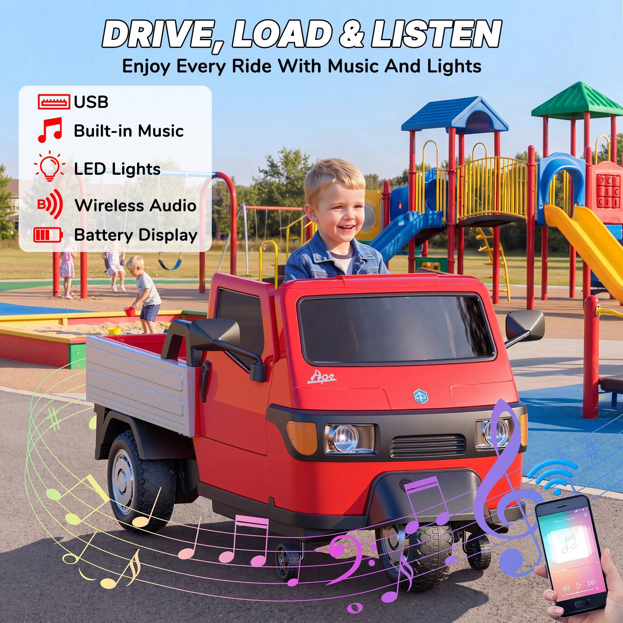 DRIVE, LOAD & LISTEN  
Enjoy Every Ride With Music And Lights

USB  
Built-in Music  
LED Lights  
Wireless Audio  
Battery Display  

Ape