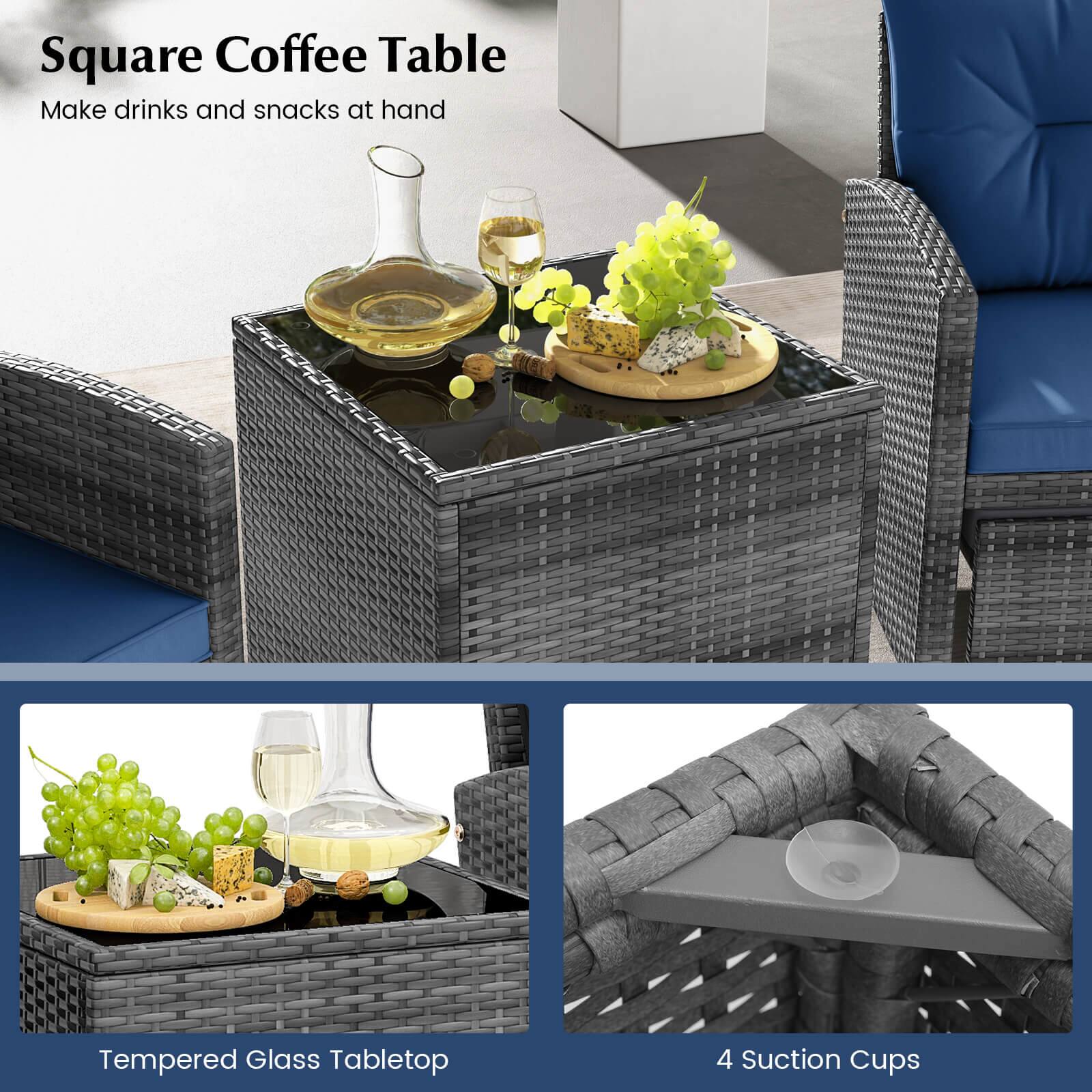 Square Coffee Table  
Make drinks and snacks at hand  

Tempered Glass Tabletop  

4 Suction Cups