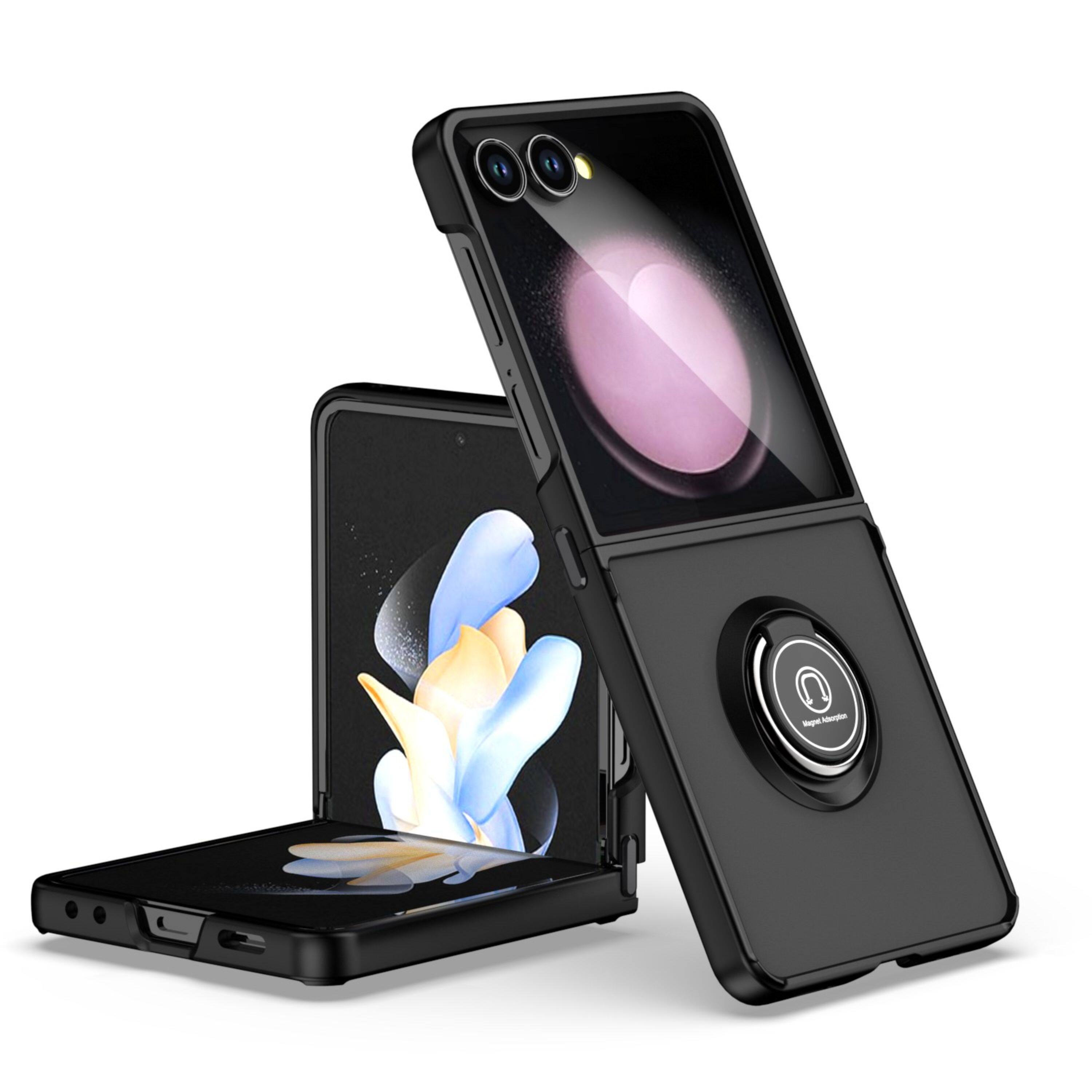 Angle. Kitcheniva - Frosted Back Case With Metal Ring Stand Tempered Glass For Samsung Z Flip7 Clear/Black - Clear/Black.