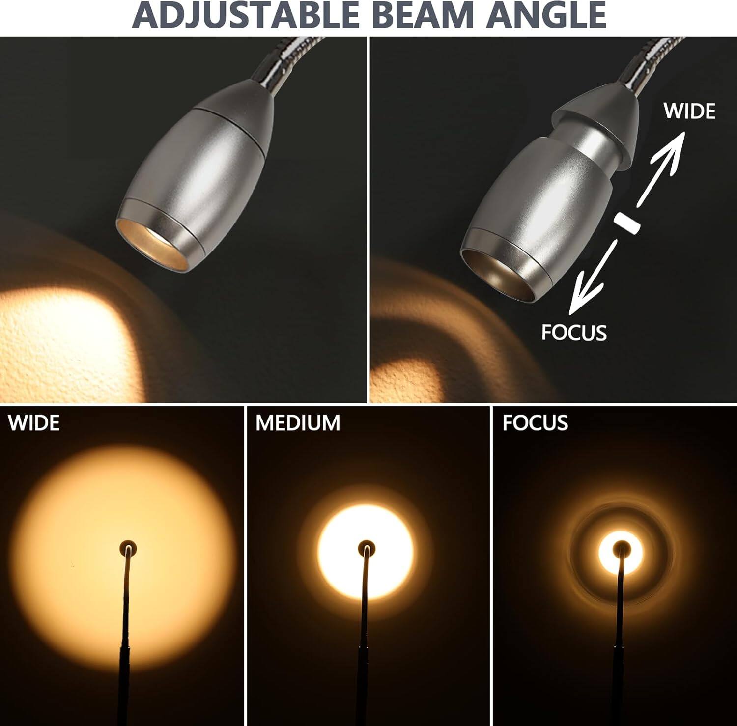 ADJUSTABLE BEAM ANGLE

WIDE
MEDIUM
FOCUS