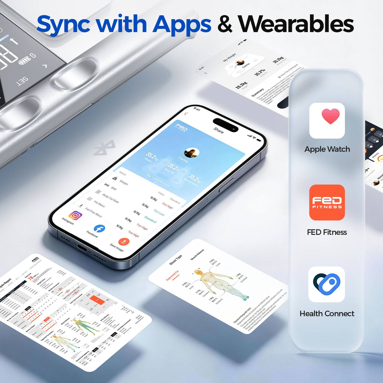 Sync with Apps & Wearables

S Weight UN My Carina 35.2kg 1X:07 35.2% SET 26.2kg Summary 9:41

FeD
Share
Its. 8
raisi Report
Instagram
bieight 35.2kg Carina Body 35.2% Fat May BRI Weight 2025 htcrren.us Muscle 35.2kg Mass IMS Body Value Rate 16.9kg Standwd Mass 15.5kg Too High 16.9kg Too Low Mass 15.5kg Standard 15.5kg Too High Facebook Too High Save Image Balance ..... Type Muscle SARD Shoot 443%

Apple Watch FED FITNESS FED Fitness
Points +6' Wein
Health Connect