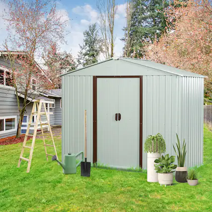 Front. TinyHomie - 8 x 4FT Outdoor Metal Storage Shed with metal foundation White.
