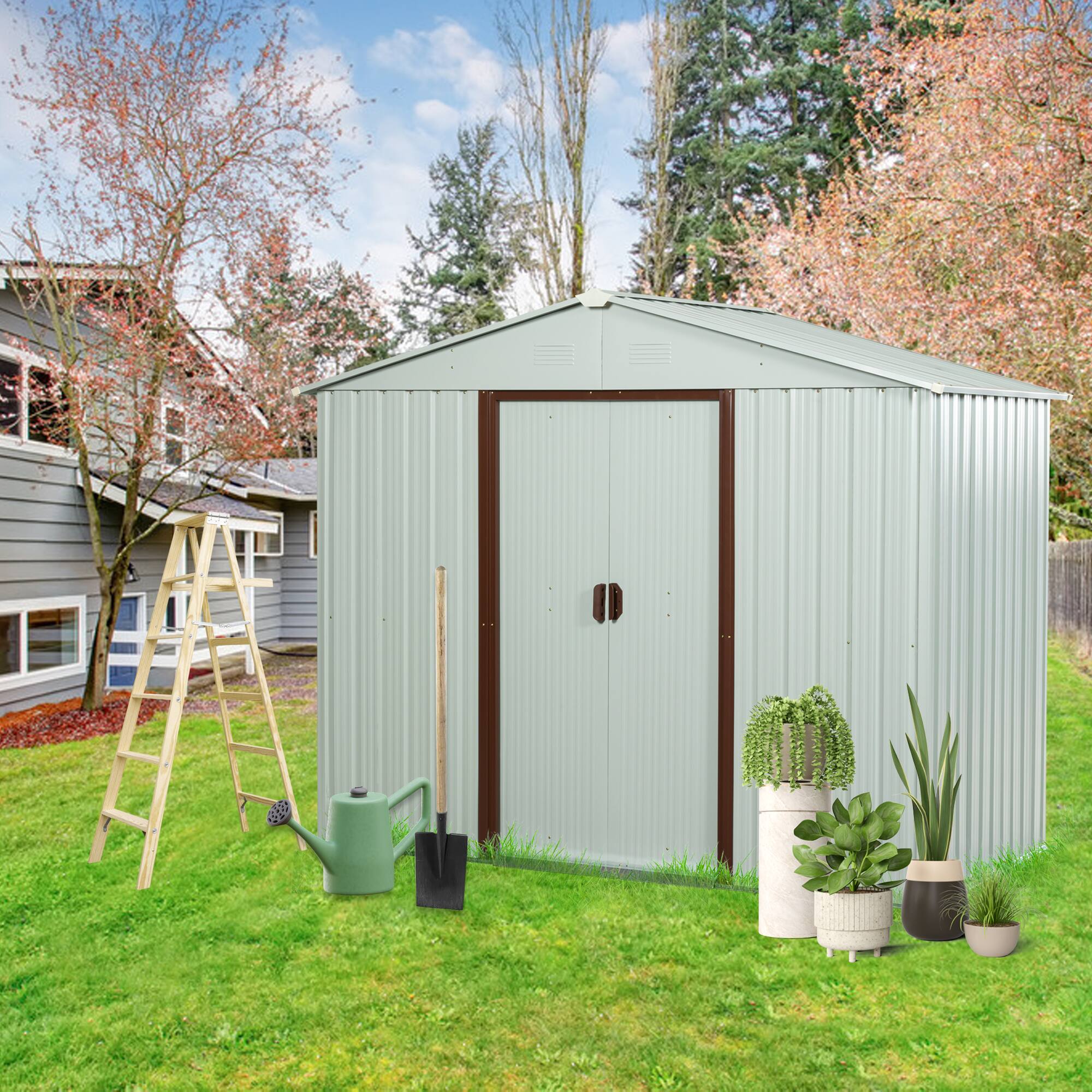 Front. TinyHomie - 8 x 4FT Outdoor Metal Storage Shed with metal foundation White.