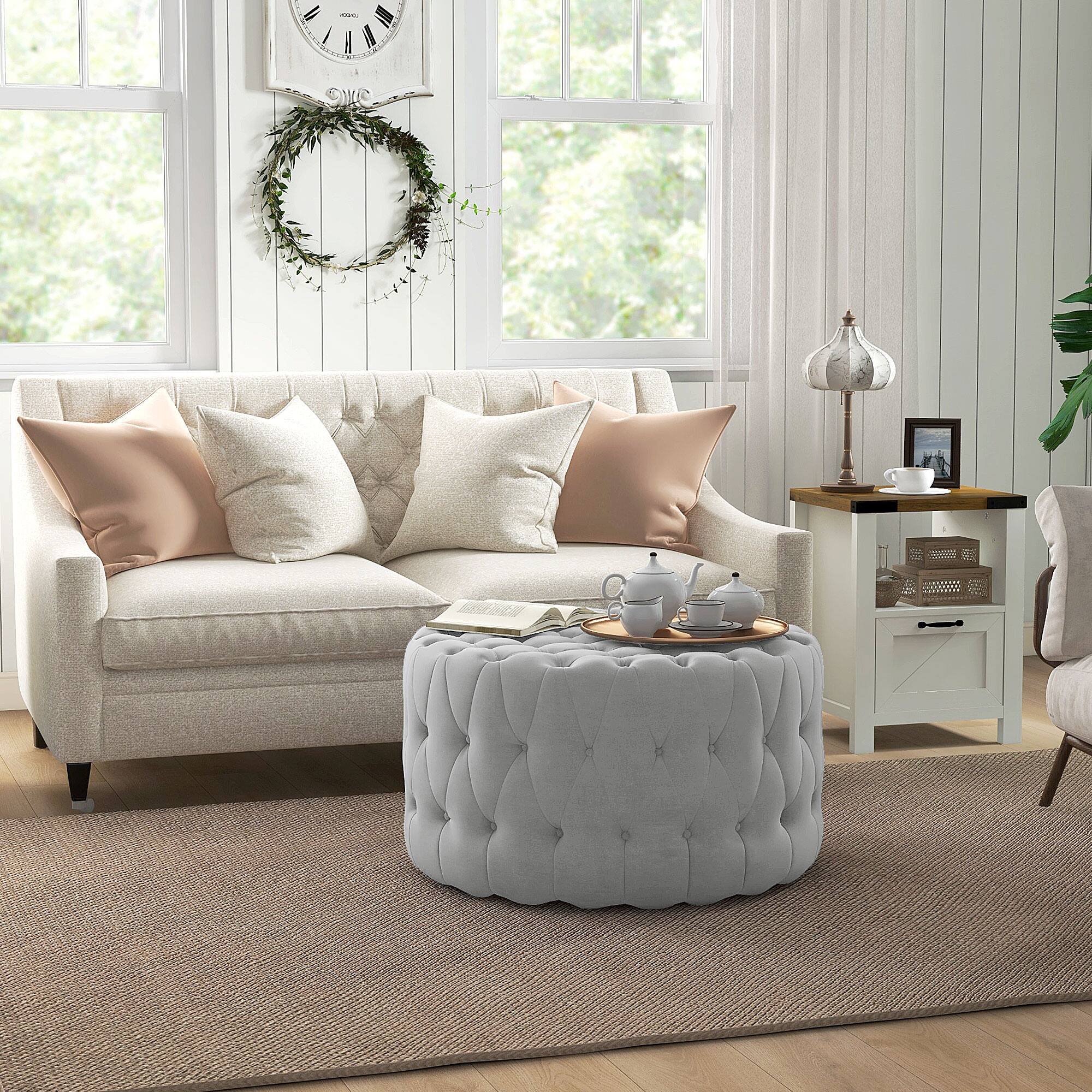 Alt View 2. Homcom - 31.5" Round Ottoman, Large Velvet-Feel Upholstered Foot Stool with Button Tufted Design and Padded Seat for Living Room - Light Grey.
