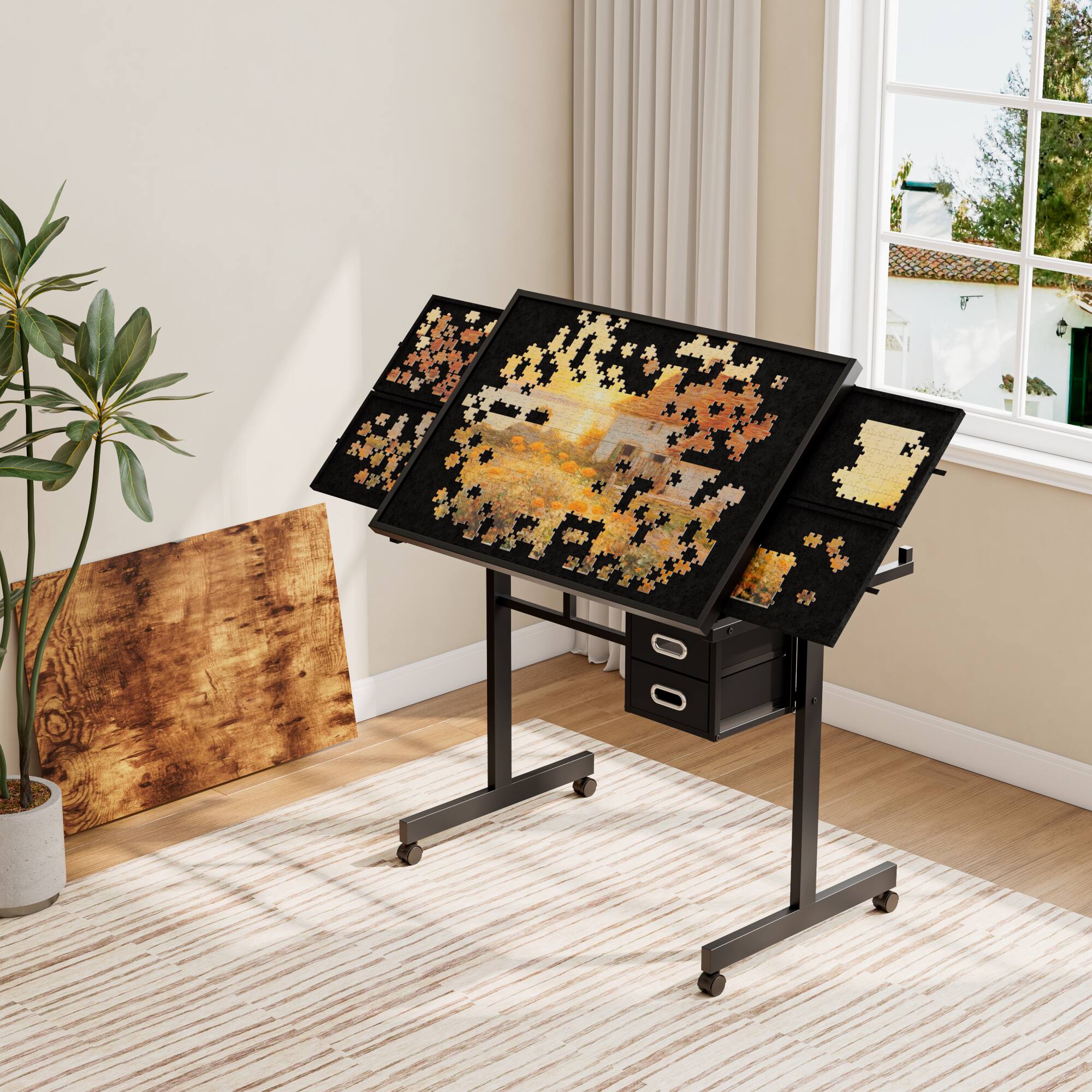 Alt View 4. GOODSILO - Professional 1000-Piece Jigsaw Puzzle Table with Storage Drawers and Mobile Base for Adult Hobbyists - Black.